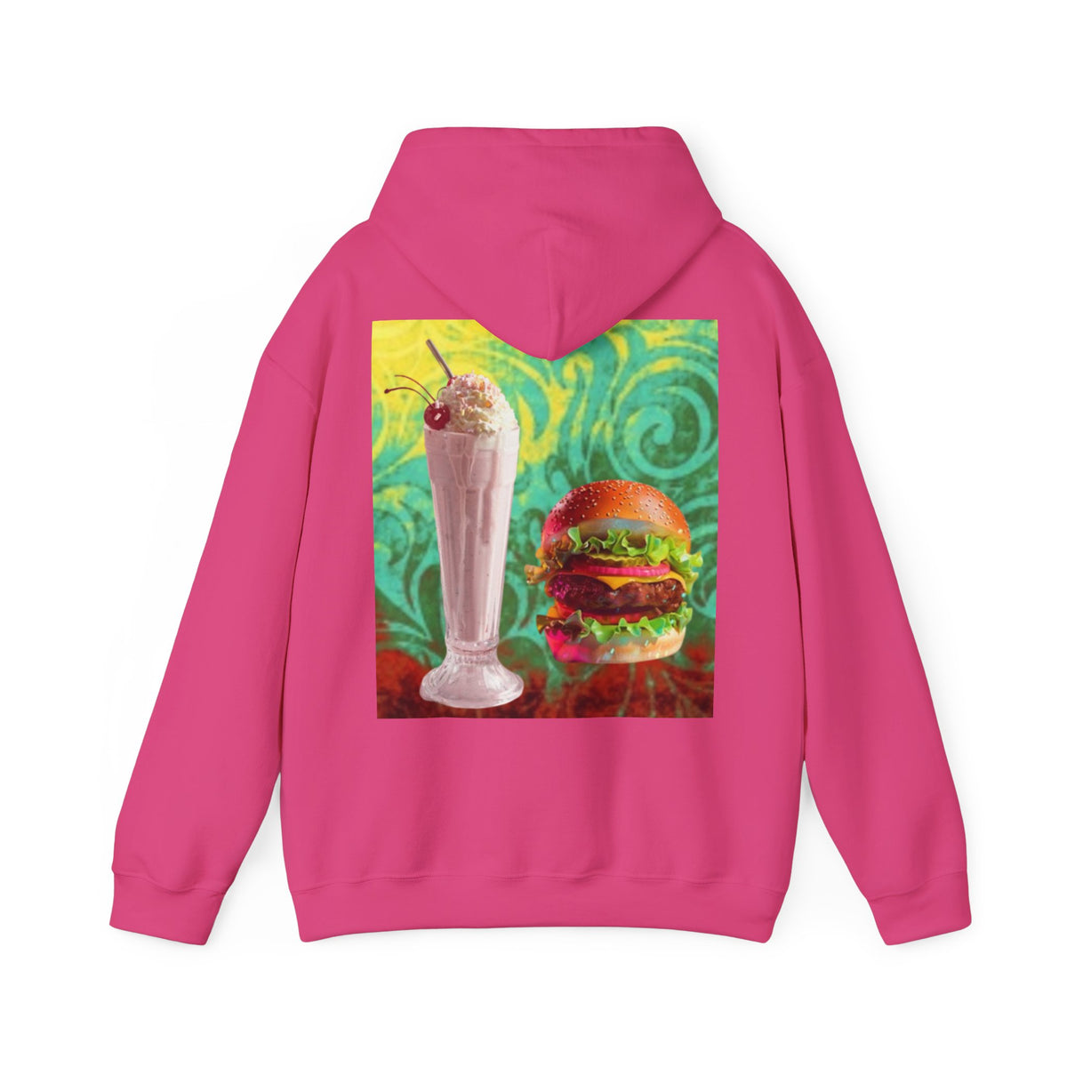 Burger & Strawberry Milkshake Hoodie — Retro Diner Food Graphic Hoodie