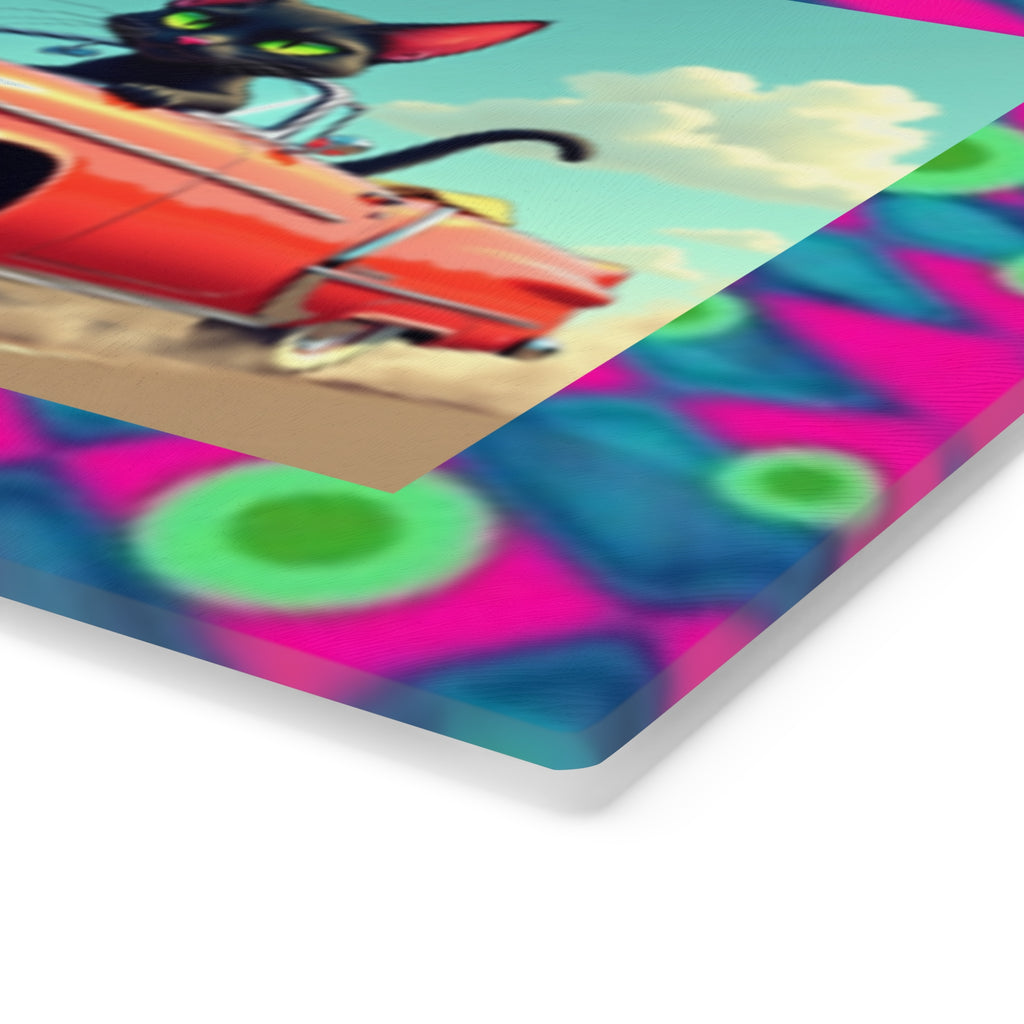 Retro Cat Driving Red Convertible Cutting Board — Funky Neon Border Kitchen Decor