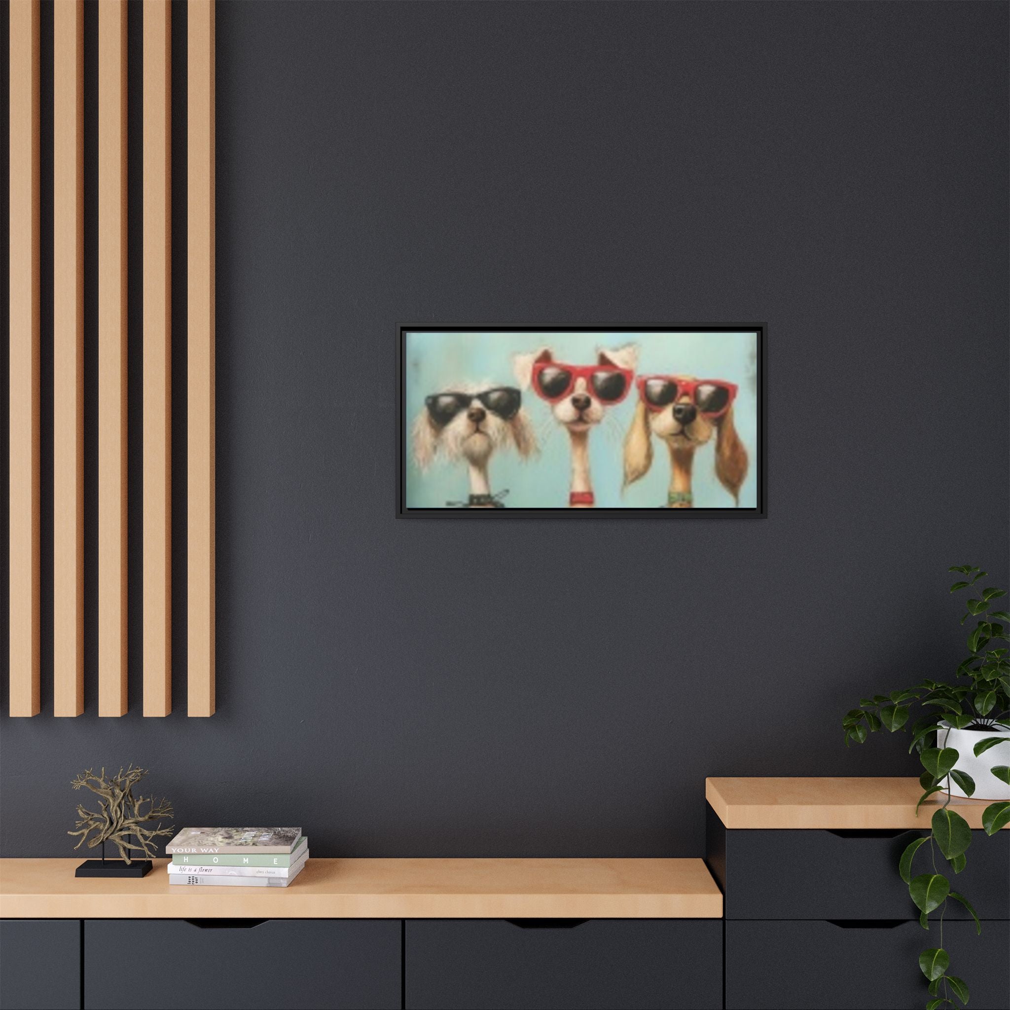 Framed Matte Canvas — Three Cool Dogs in Sunglasses Wall Art