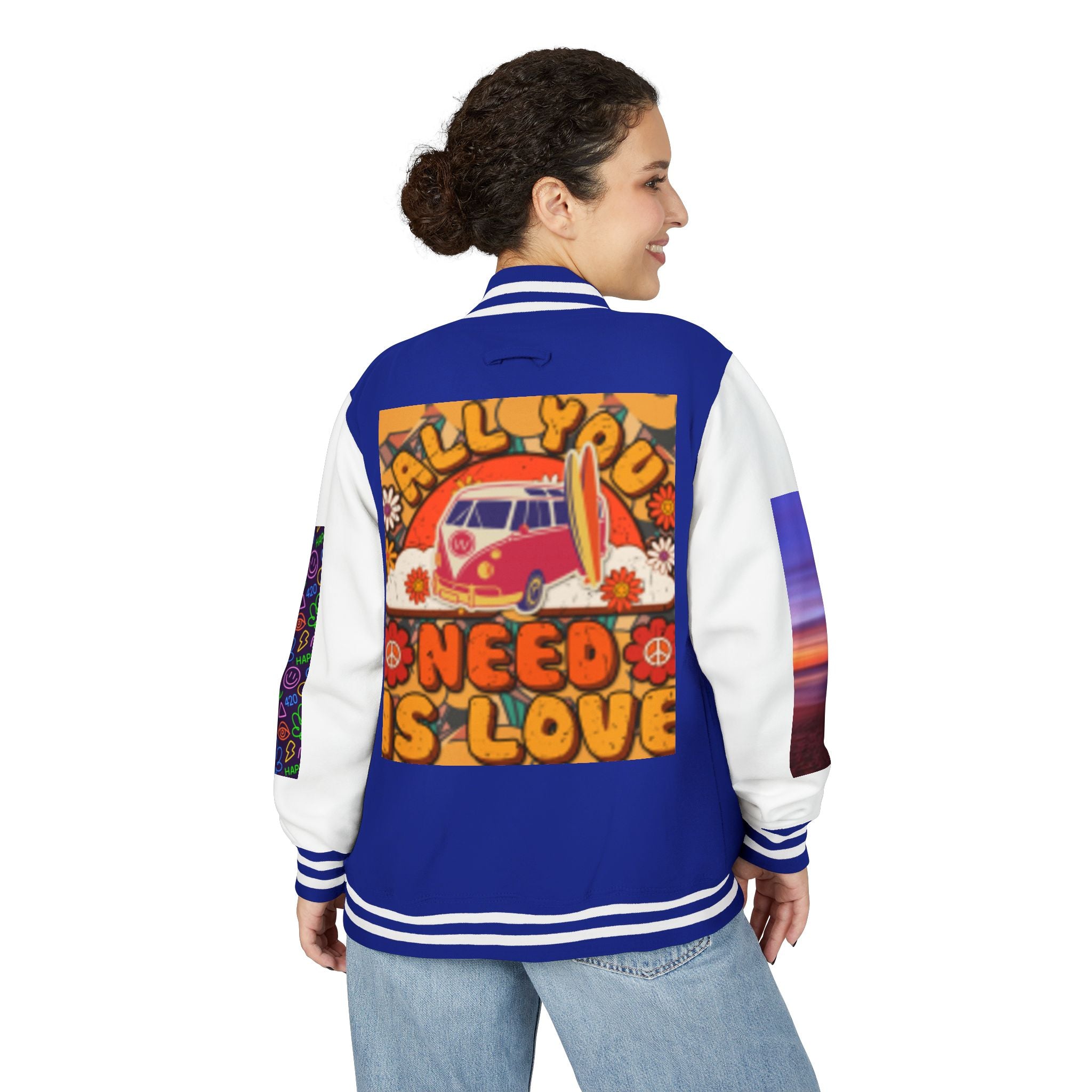 Letterman Jacket — Retro 'All You Need Is Love' Hippie Van & Cannabis Leaf Design