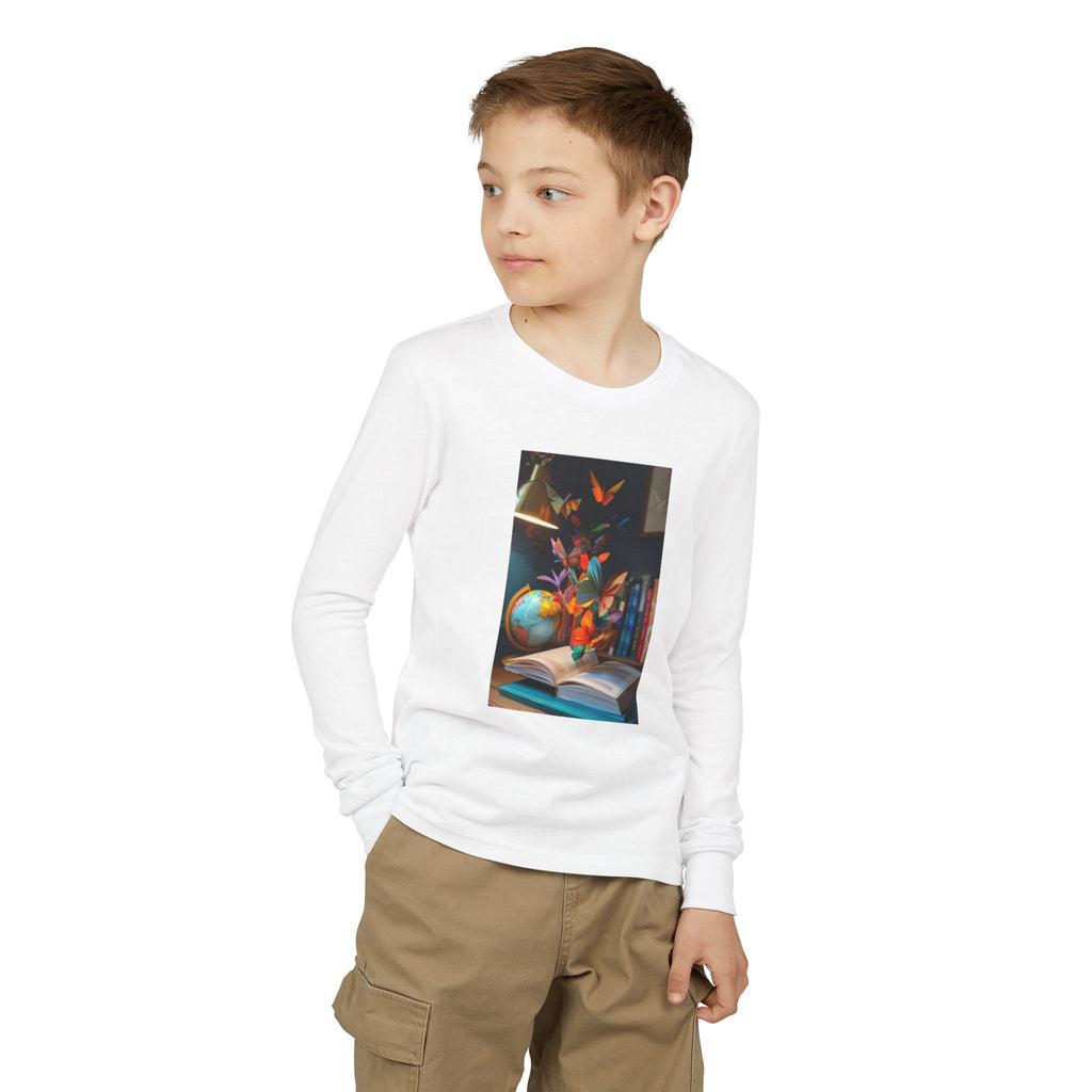 Youth Long Sleeve Tee — Colorful Origami Butterflies & Globe Reading Design