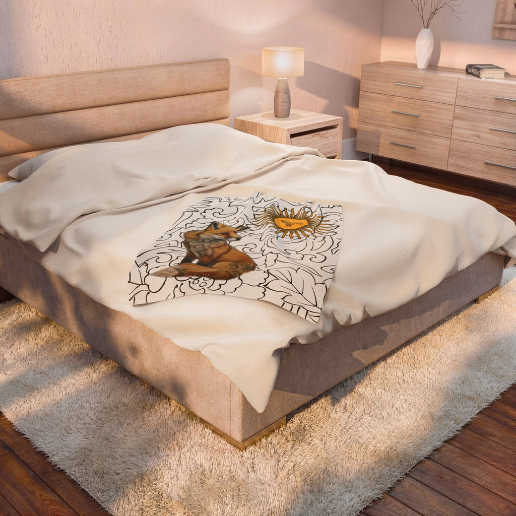 Fox Floral Velveteen Plush Blanket — Cozy Rustic Woodland Throw
