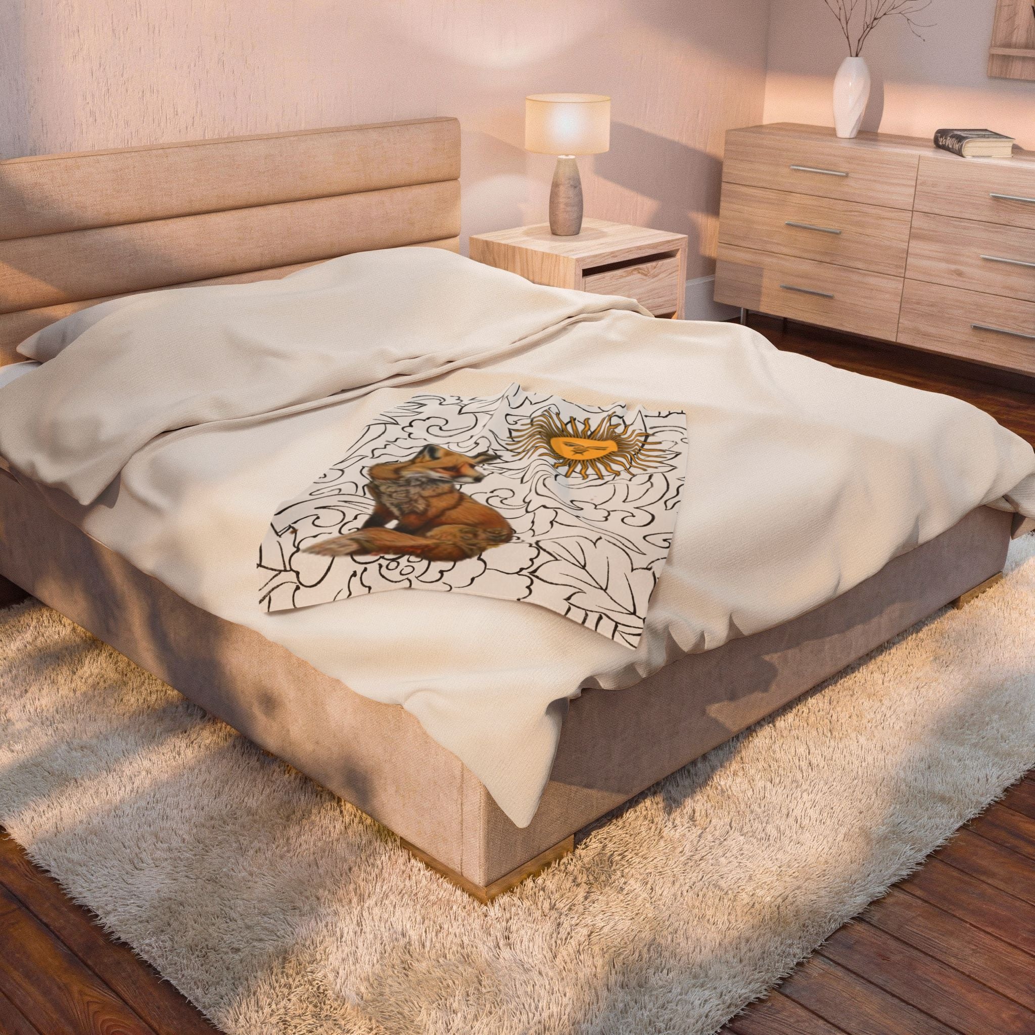 Fox Floral Velveteen Plush Blanket — Cozy Rustic Woodland Throw