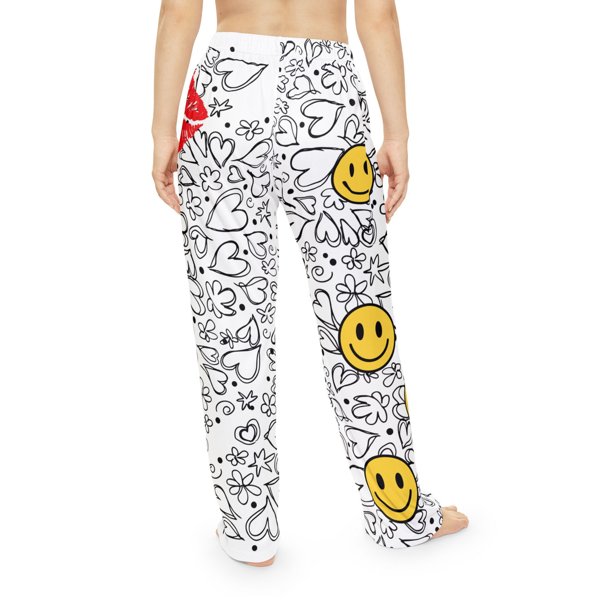 Haapy Face & Red Lips & Heart Doodle Pajama Pants — Women's Cozy Printed Sleep Lounge Pants