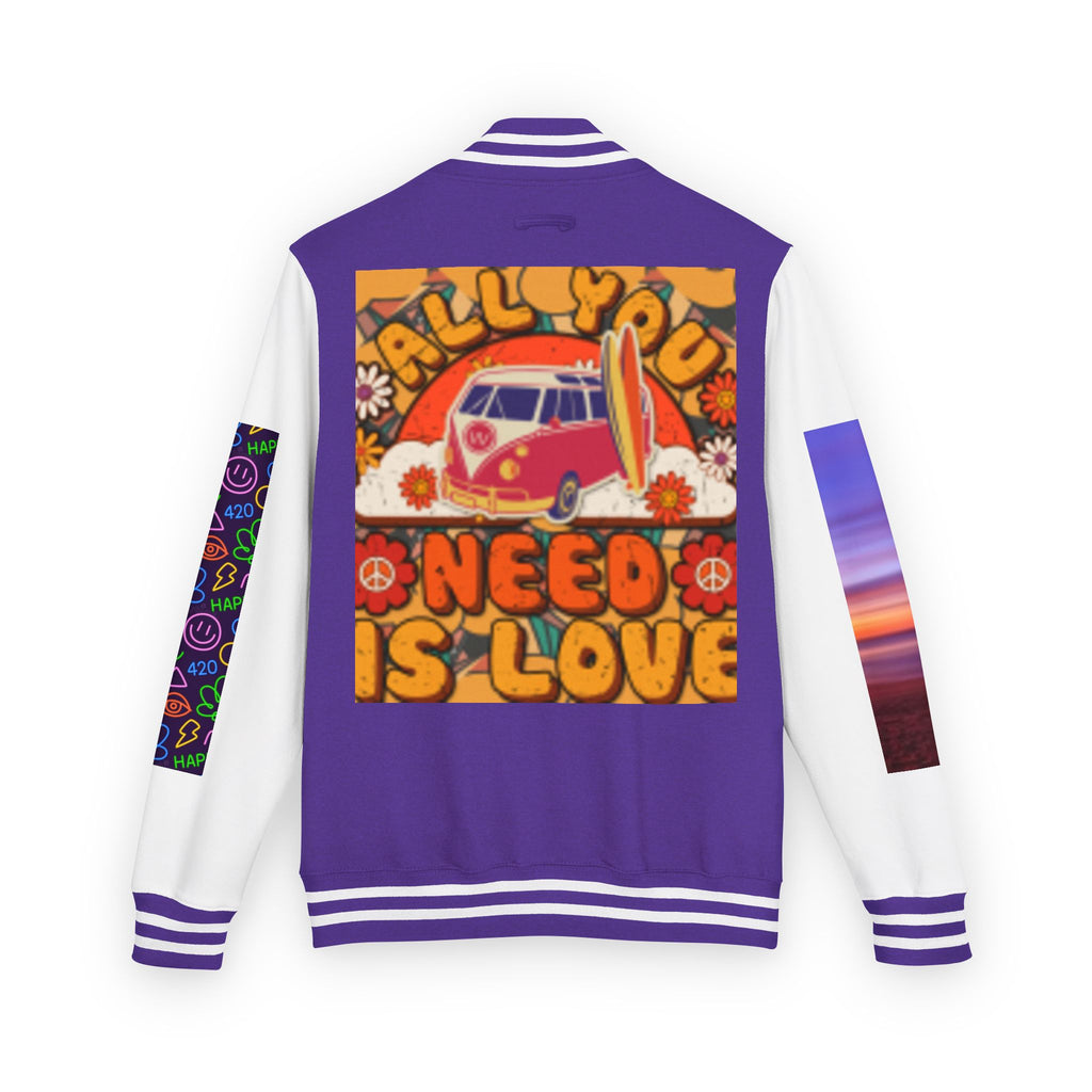 Letterman Jacket — Retro 'All You Need Is Love' Hippie Van & Cannabis Leaf Design