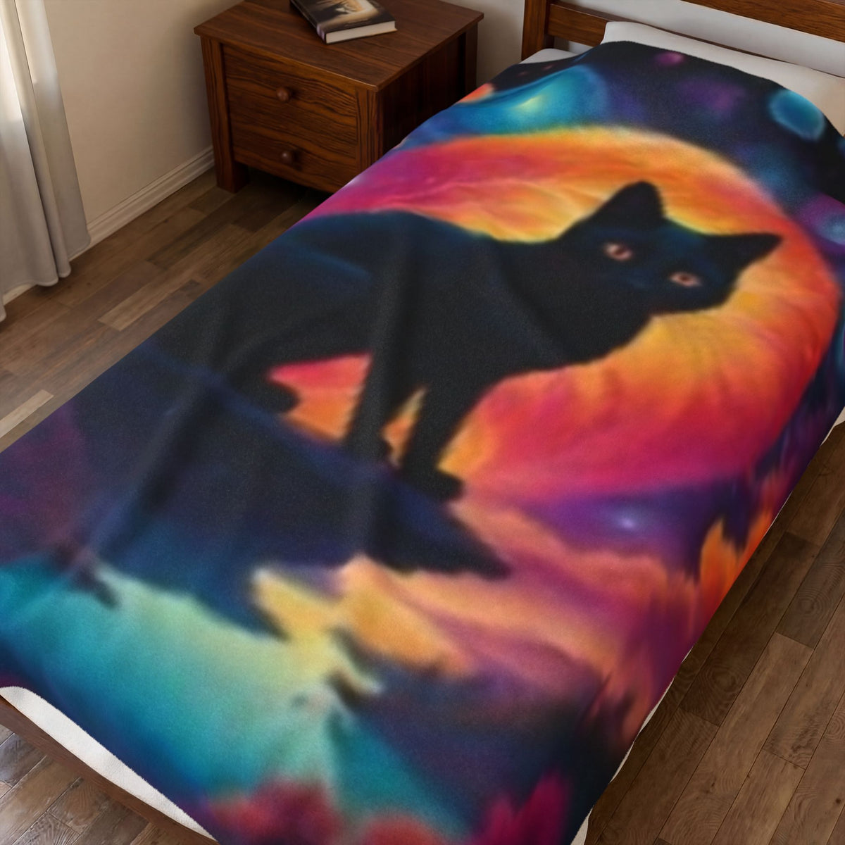Mystic Black Cat Velveteen Plush Blanket — Cosmic Moonlight Throw