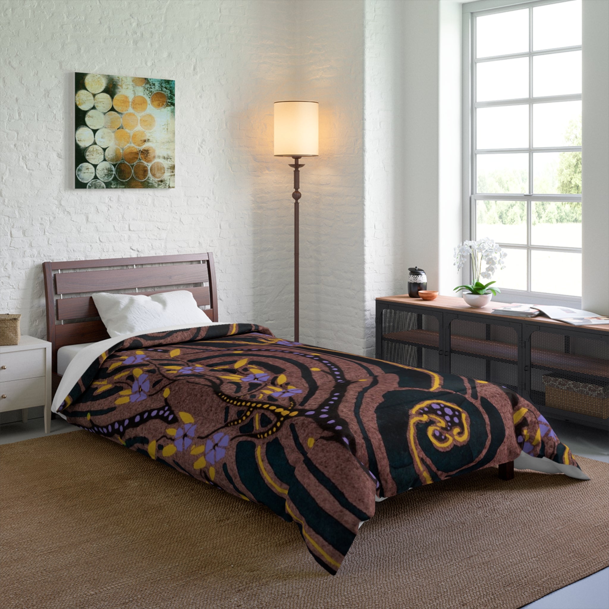 Bohemian Swirl Floral Comforter — Purple & Gold Abstract Bedspread