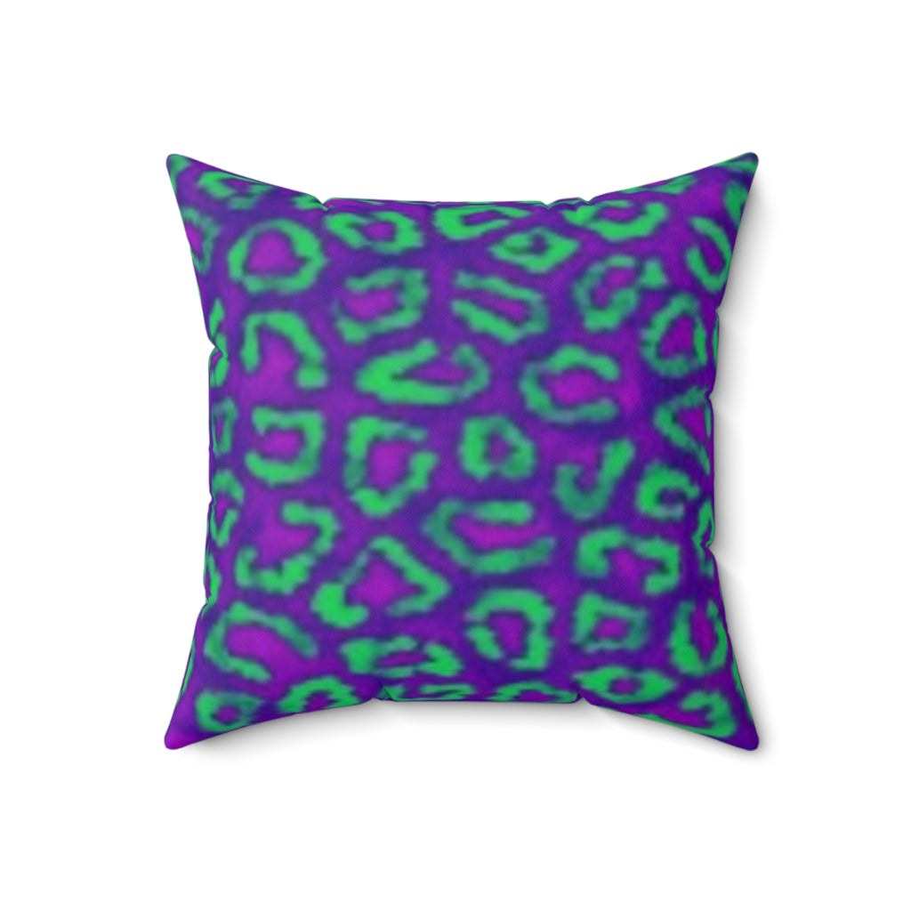 Decorative Square Pillow — Floral Outline & Vibrant Leopard Purple Green Patterns