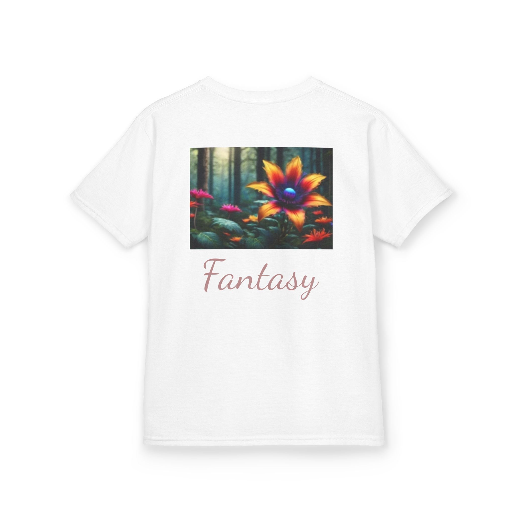 Kids Penguin & Fantasy Flower Fantasy T-shirt— Playful Animal & Colorful Floral Kids Shirt