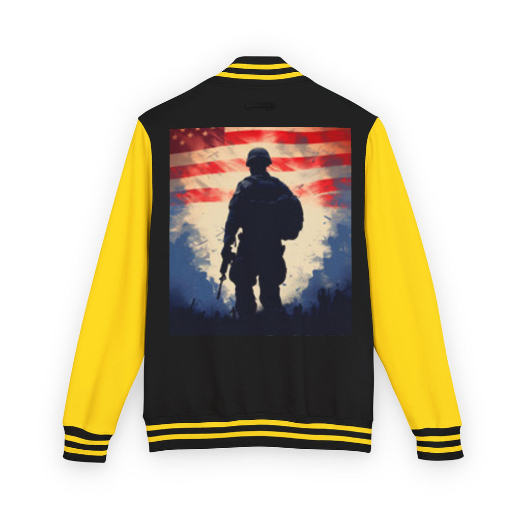 Veteran Tribute Letterman Jacket - American Flag Soldier Graphic