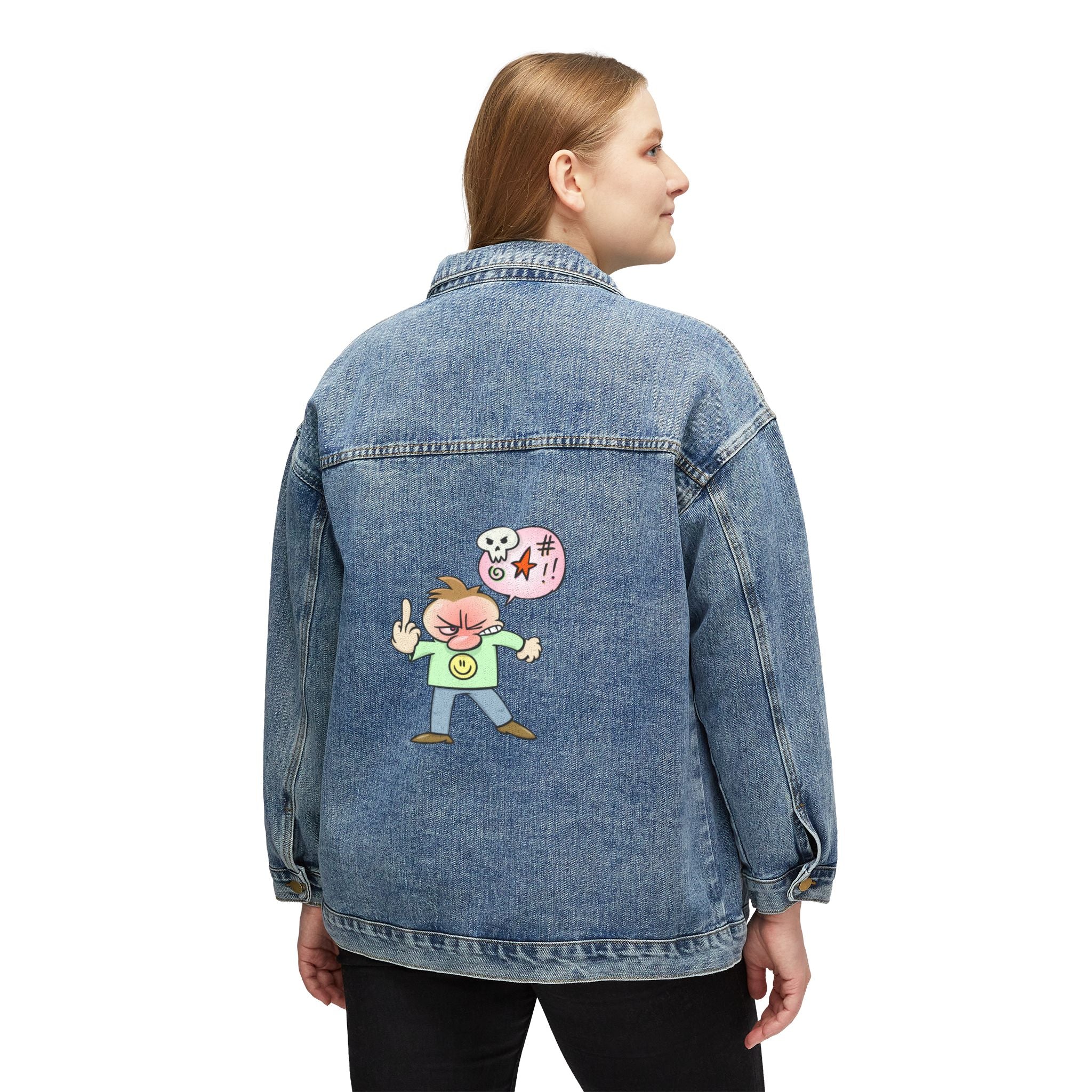 Women's Denim Jacket — Cute Cartoon Brain, Shooting the Finger  Character Back Graphic