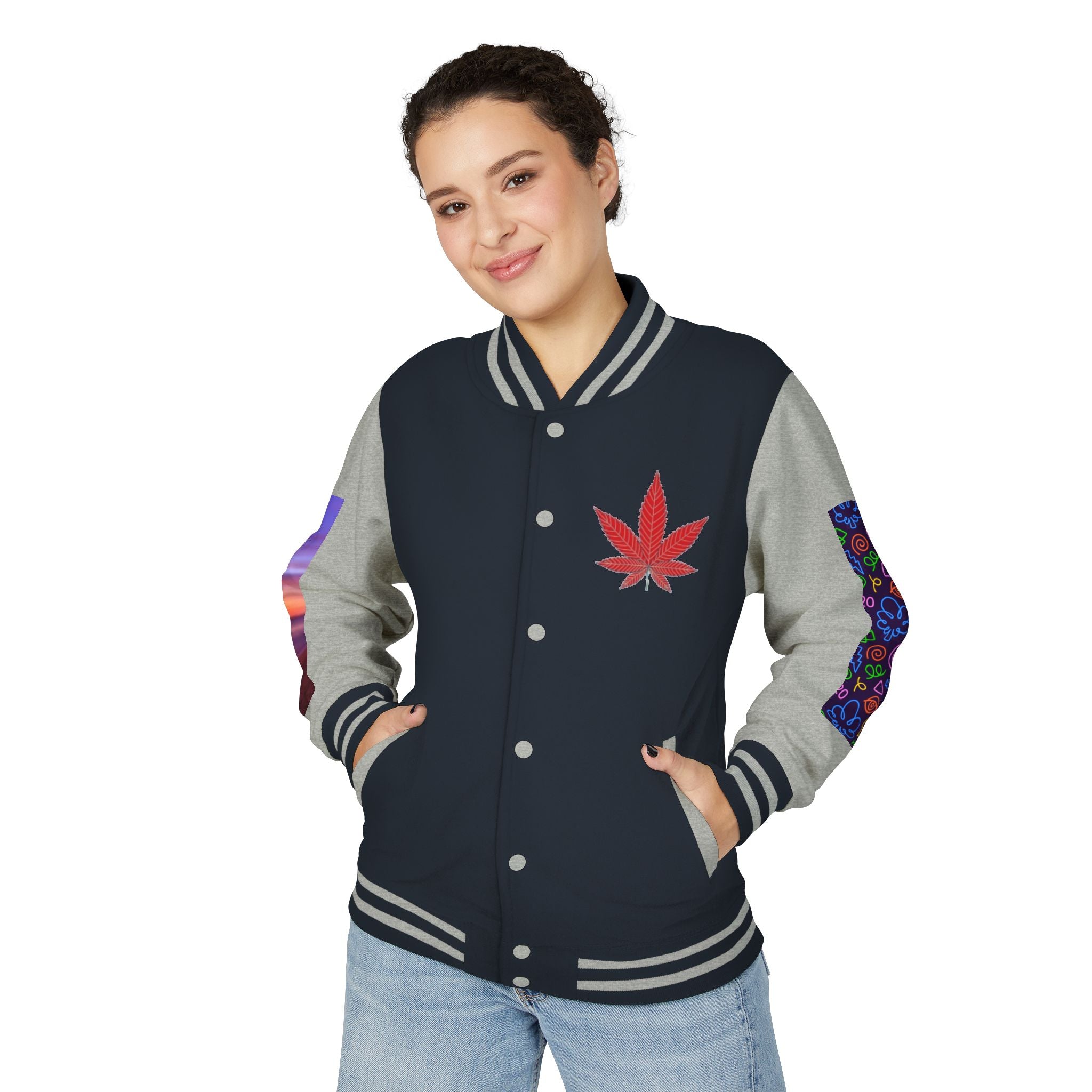 Letterman Jacket — Retro 'All You Need Is Love' Hippie Van & Cannabis Leaf Design