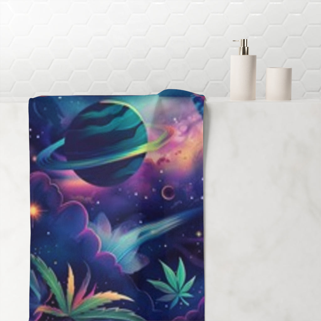 Cosmic Cannabis Beach Towel — Galaxy Planet & Leaf Print