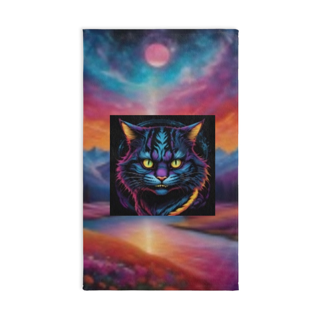 Psychedelic Cat Hand Towel – Neon Galaxy Kitty Beach Sunset Design