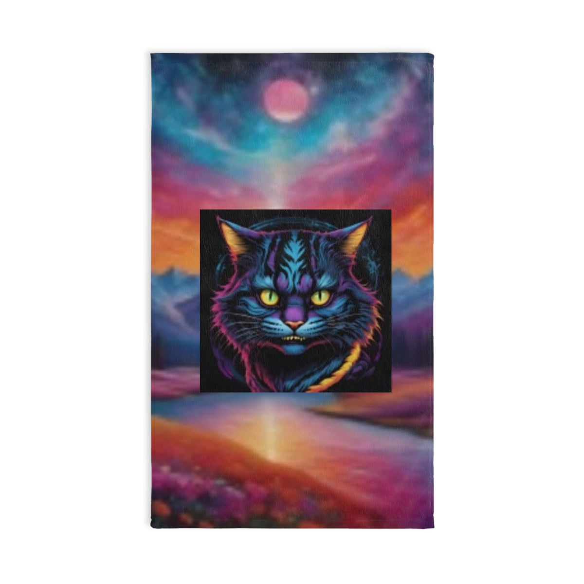 Psychedelic Cat Hand Towel – Neon Galaxy Kitty Beach Sunset Design