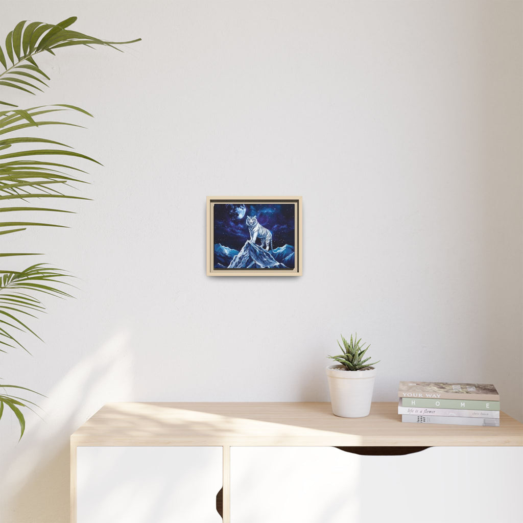 Framed Matte Canvas - White Tiger on Moonlit Mountain