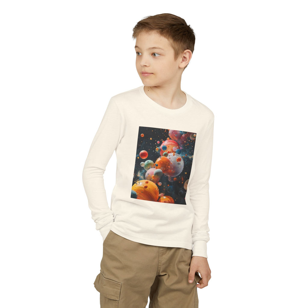 Youth Long Sleeve Tee — Playful Space Planets & Happy Bulldog Graphic