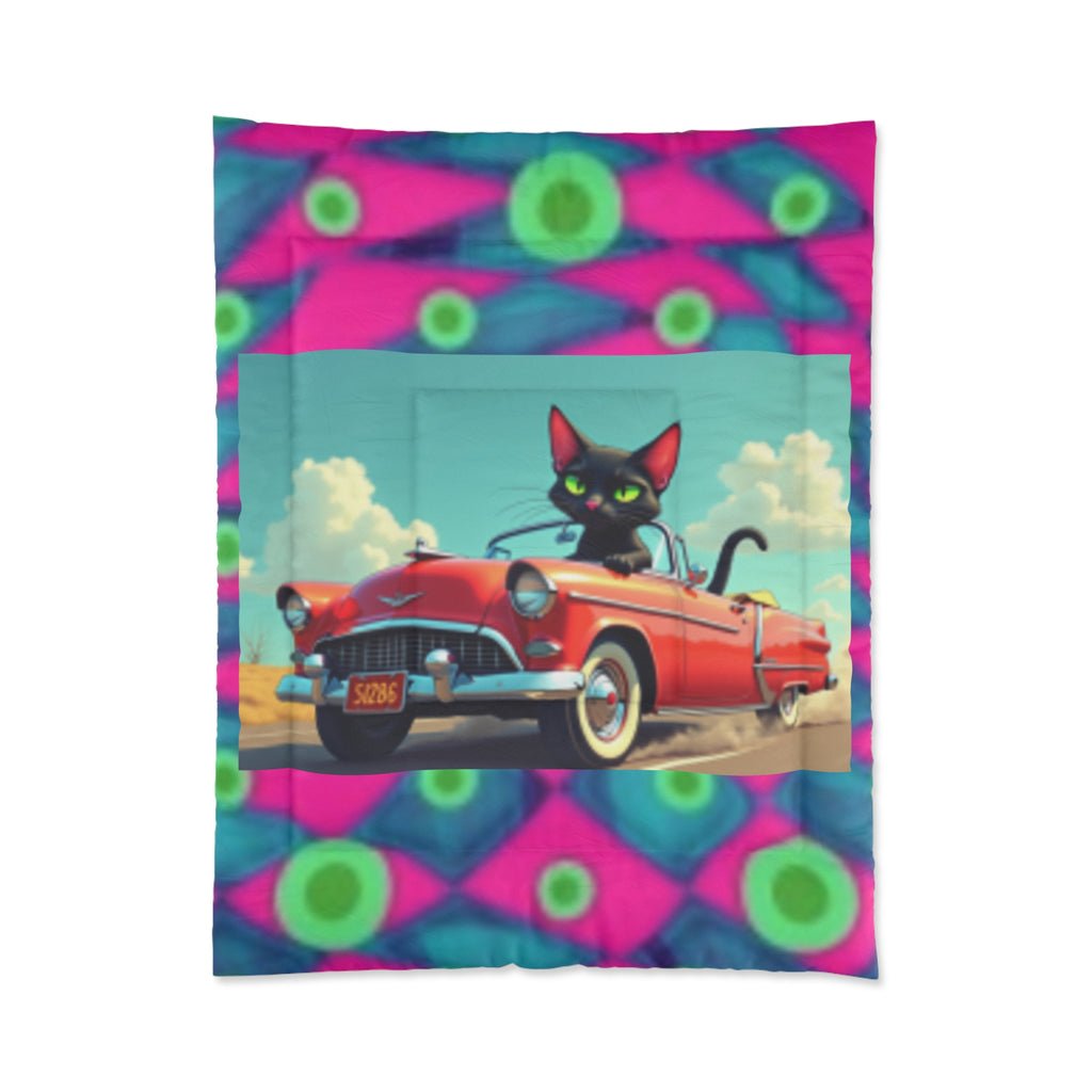Retro Cat Driving Comforter - Vintage Convertible Black Cat Bedding