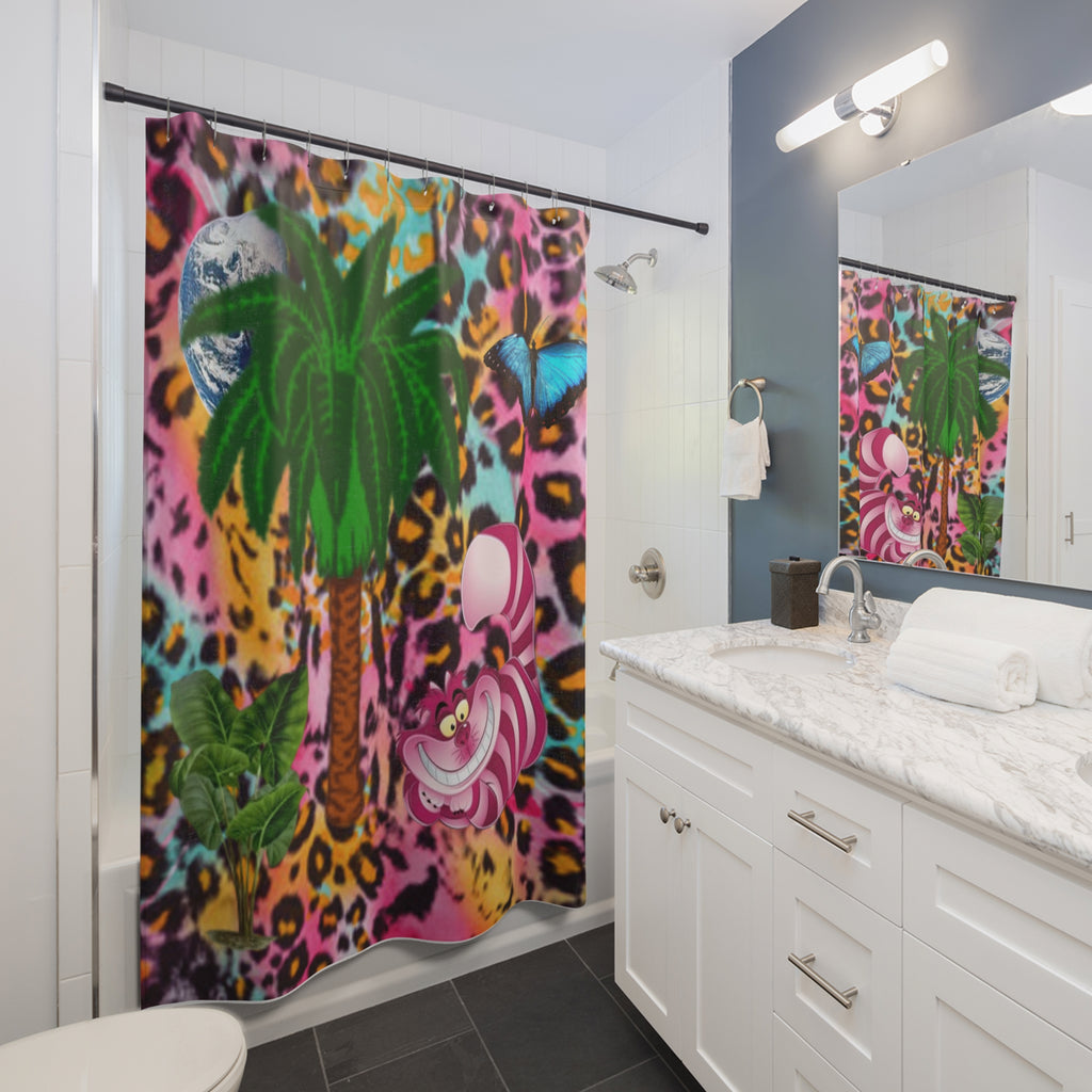 Cheshire Cat Leopard Print Earth  Palm Tree Shower Curtain — Neon Rainbow Animal Bathroom Decor