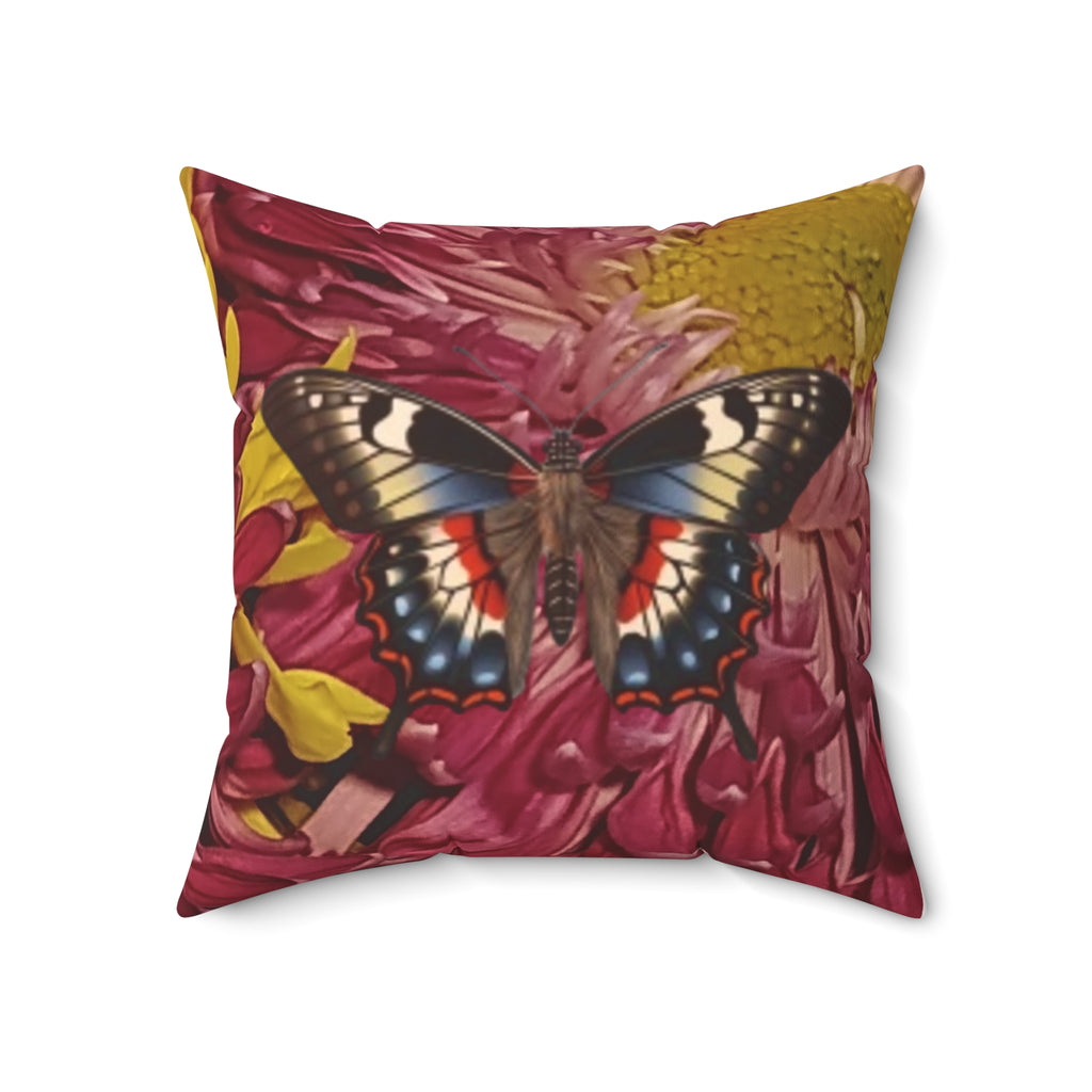 Mary Jordan & Butterfly Floral Throw Pillow — Custom Portrait on Burgundy Chrysanthemum