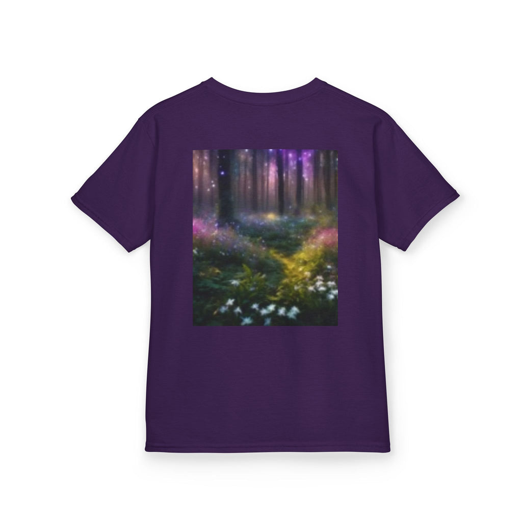 Kids T-shirt— Cute Frankenstein Face Front & Enchanted Forest Back