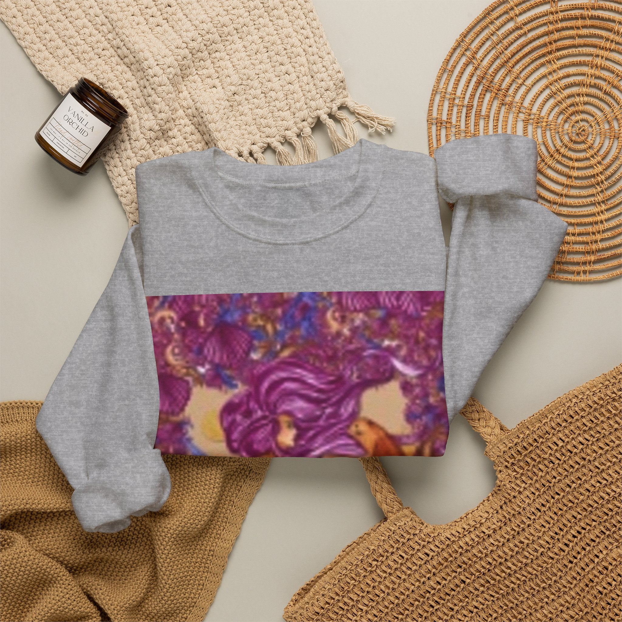 Mermaid & Fox Art Crewneck Sweatshirt — Whimsical Purple Mermaid Illustration