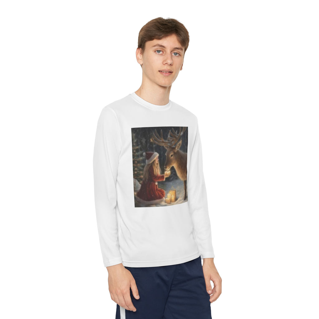 Youth Long Sleeve Tee — Girl Feeding Deer Christmas Night Scene
