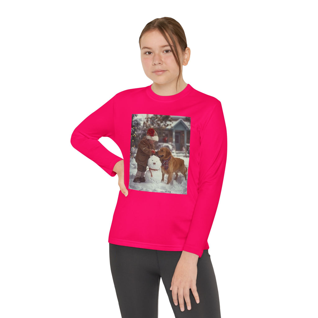 Youth Long Sleeve Tee — Christmas~Vintage Snow Day Kids Shirt with Snowman and Dog