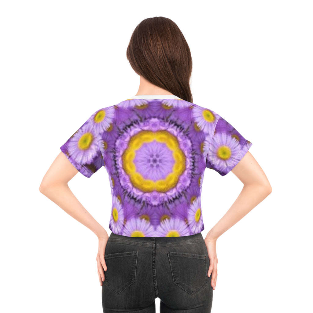 Floral Kaleidoscope Crop T-shirt — Purple Daisy Mandala All-Over Print