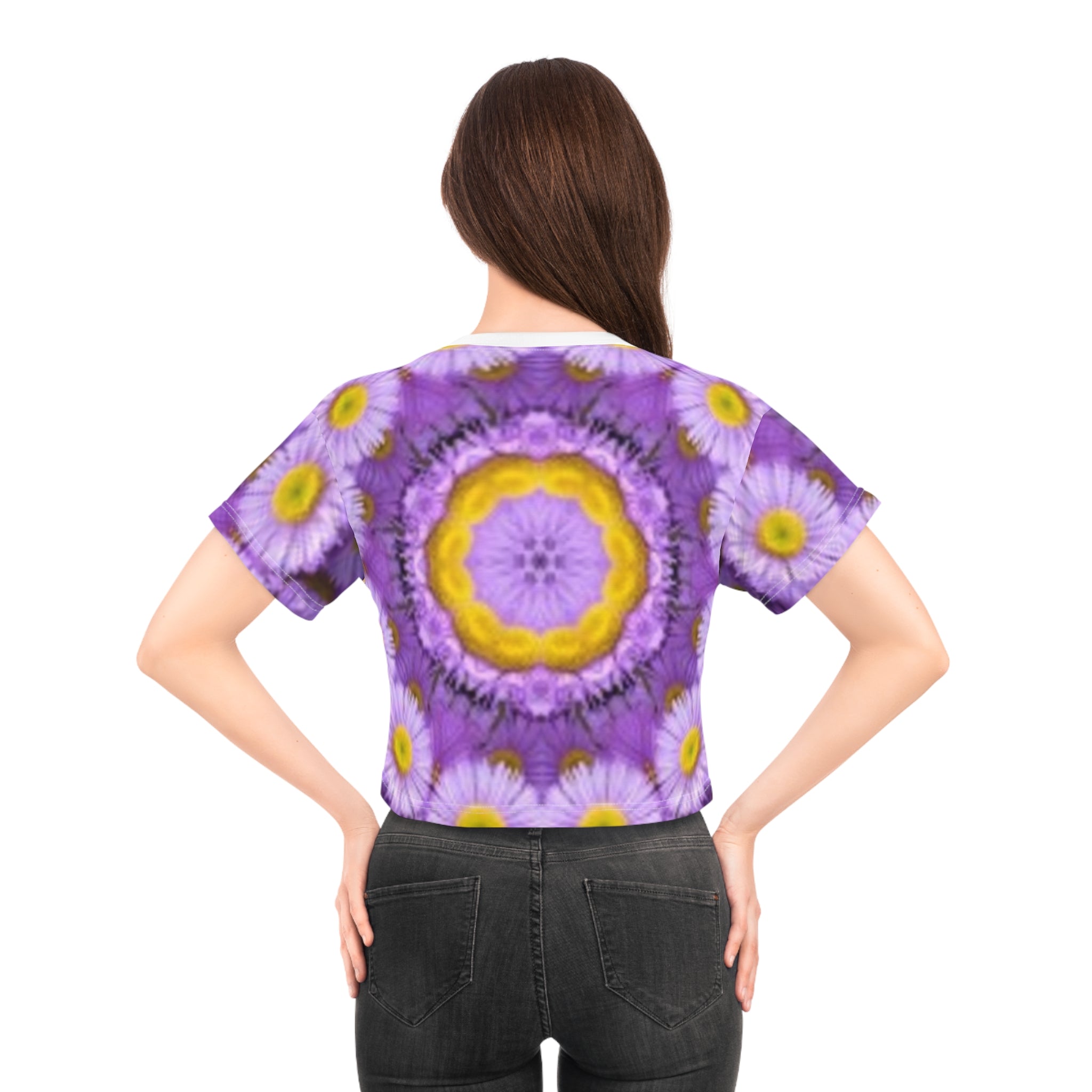 Floral Kaleidoscope Crop T-shirt — Purple Daisy Mandala All-Over Print
