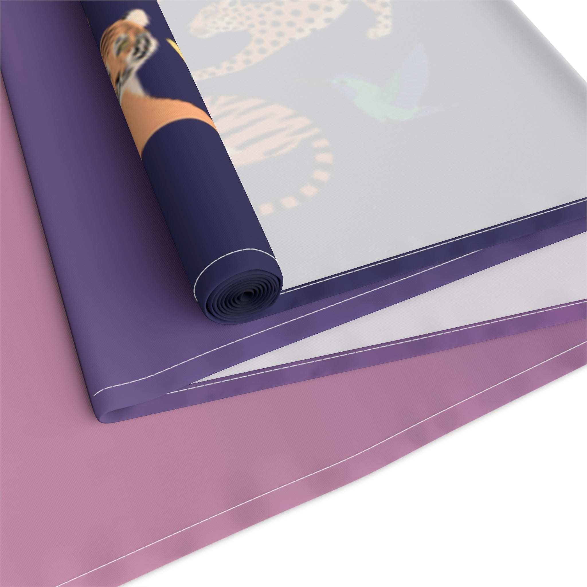 Tropical Jungle Table Runner — Gradient Purple with Tigers & Parrots
