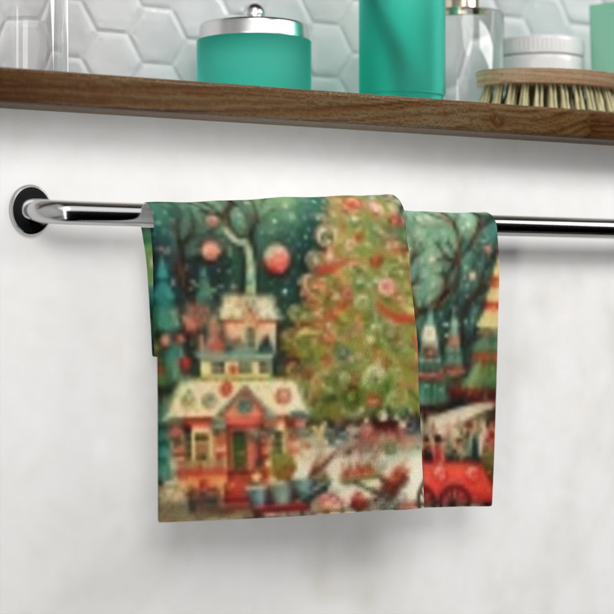Christmas Tree Village Face Towel — Festive Holiday Hand Towel