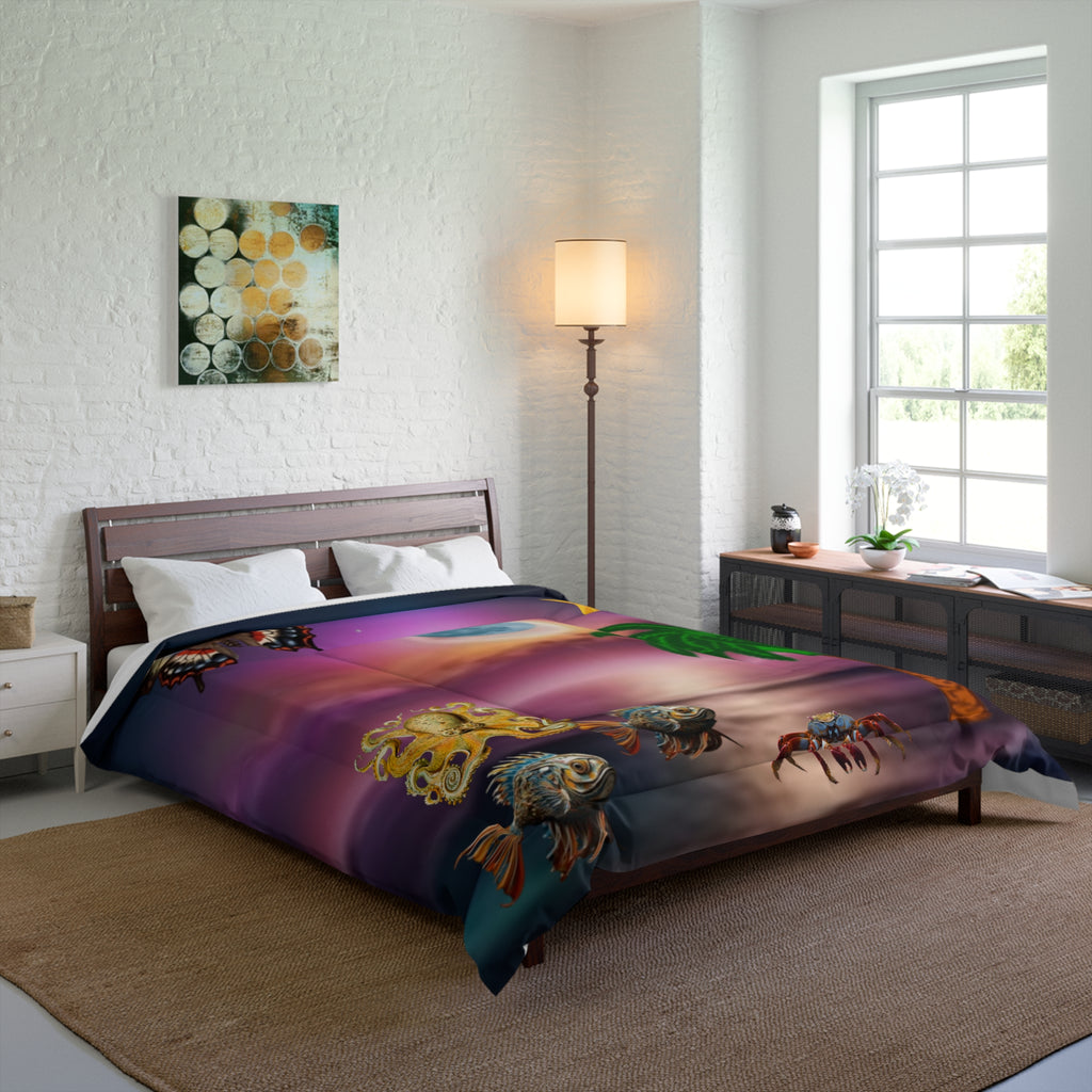 Tropical Moonlit Comforter - Surreal Beach Scene with Palm, Moon & Sea Creatures
