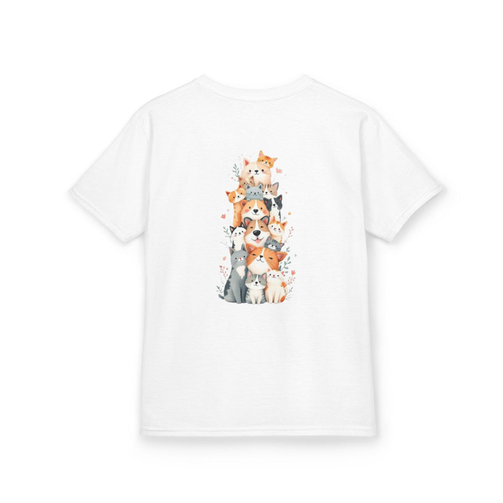 Kids Bulldog & Cute Cats Graphic Tee — Playful Puppy and Cat Stack Kids T-Shirt