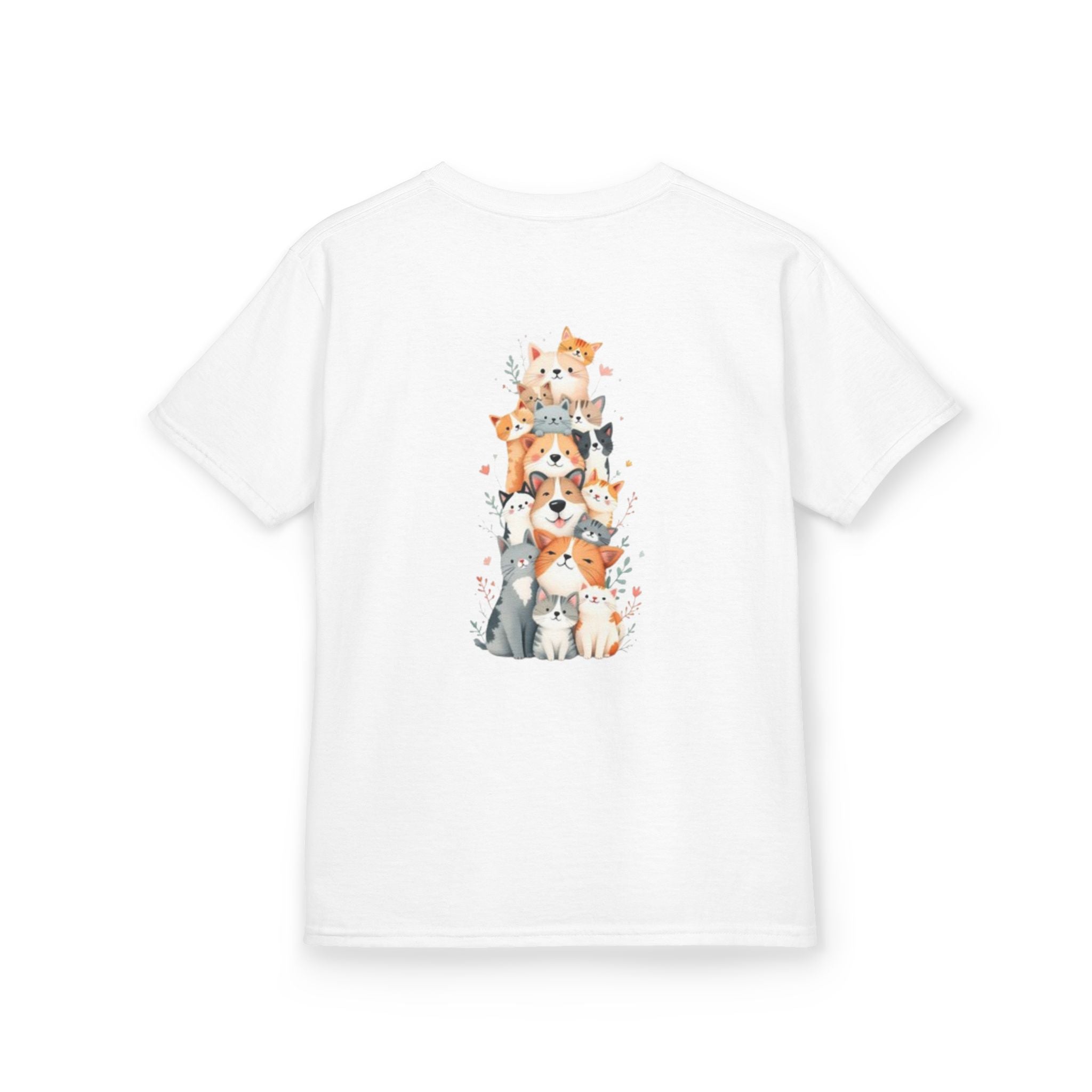 Kids Bulldog & Cute Cats Graphic Tee — Playful Puppy and Cat Stack Kids T-Shirt