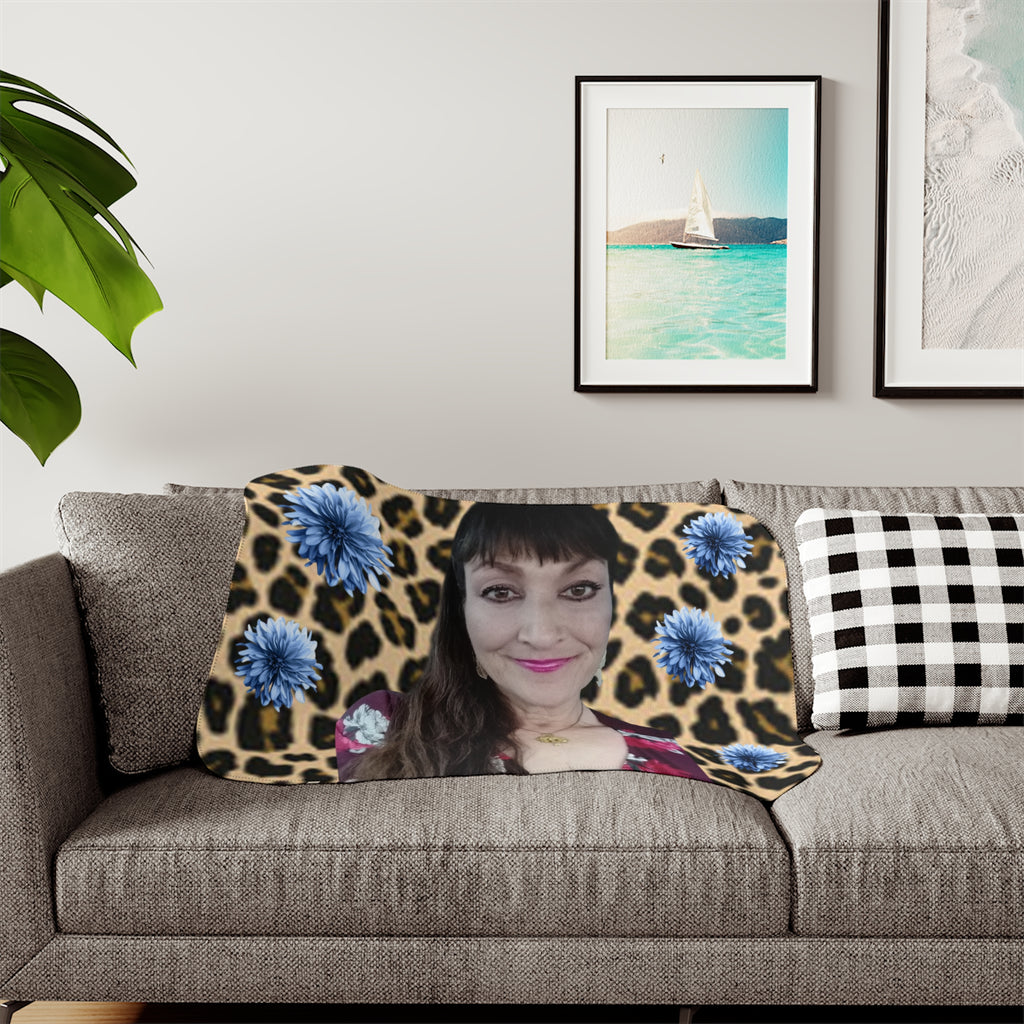 Mary Jordan Sherpa Blanket — Leopard Print with Blue Flowers