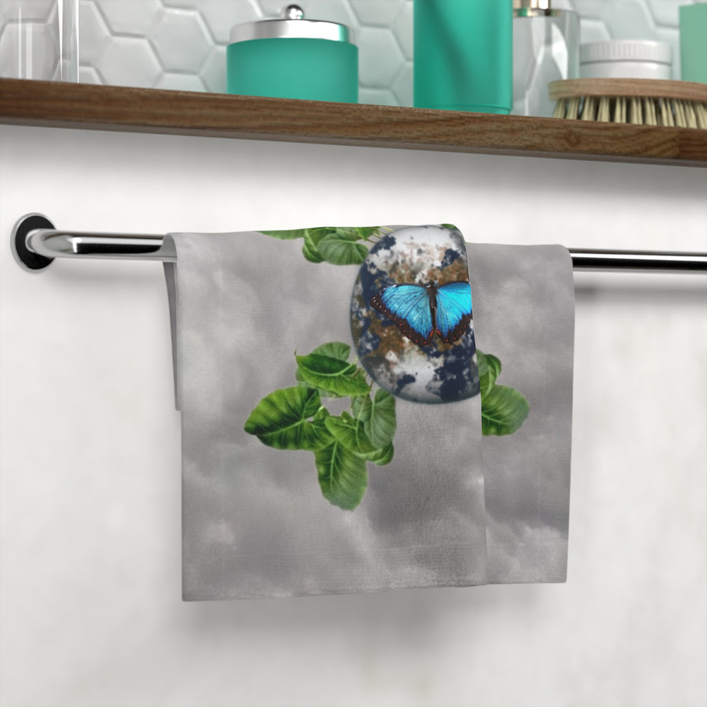 Butterfly Earth Face Towel & Earth Facts — Botanical Blue Morpho Design