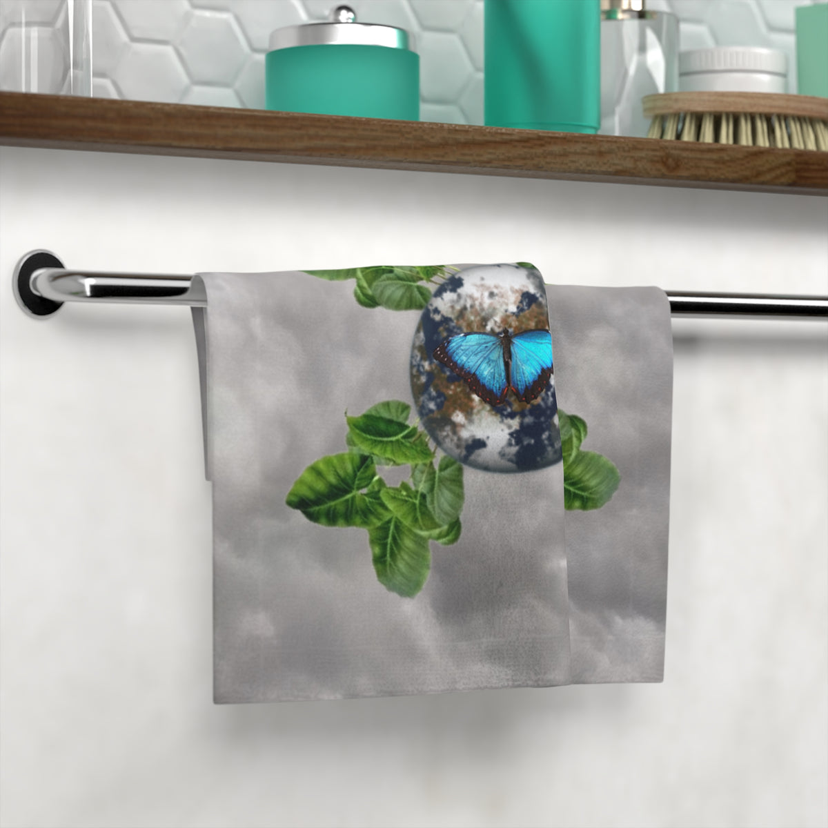Butterfly Earth Face Towel & Earth Facts — Botanical Blue Morpho Design