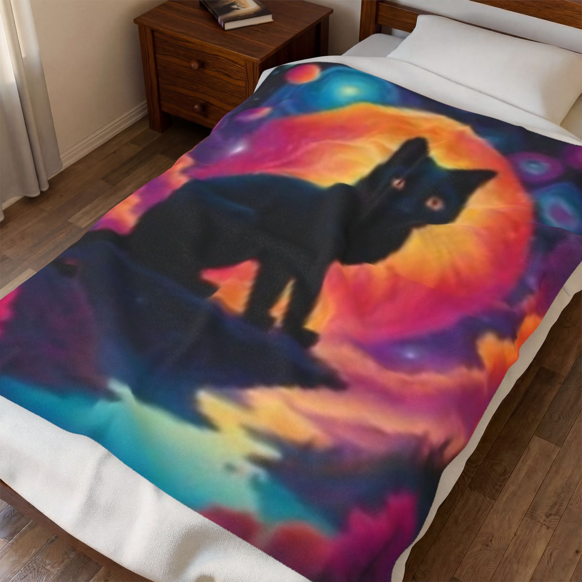 Mystic Black Cat Velveteen Plush Blanket — Cosmic Moonlight Throw