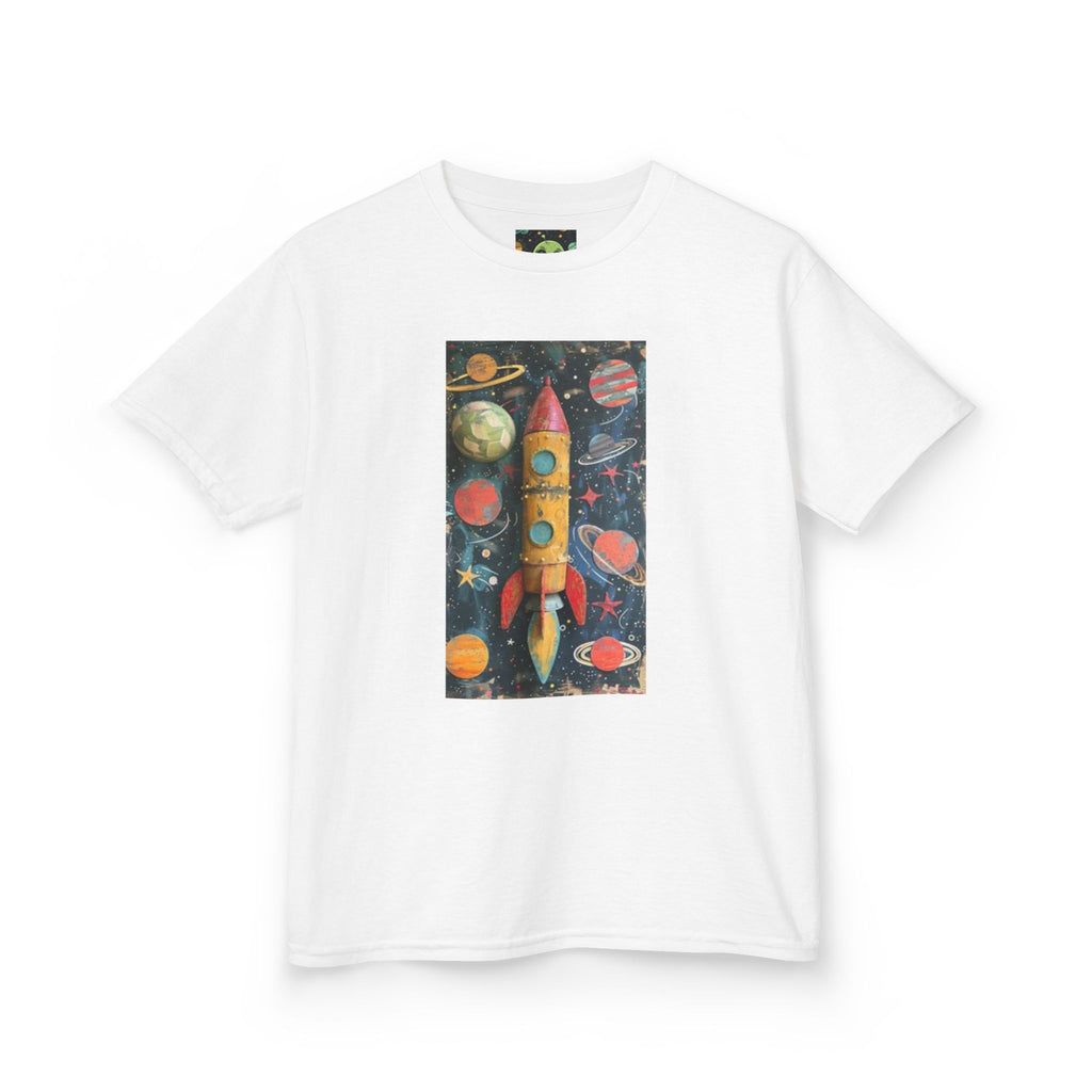 Kids Rocket Space Tee — Colorful Planets & Rocketship Shirt for Young Astronauts