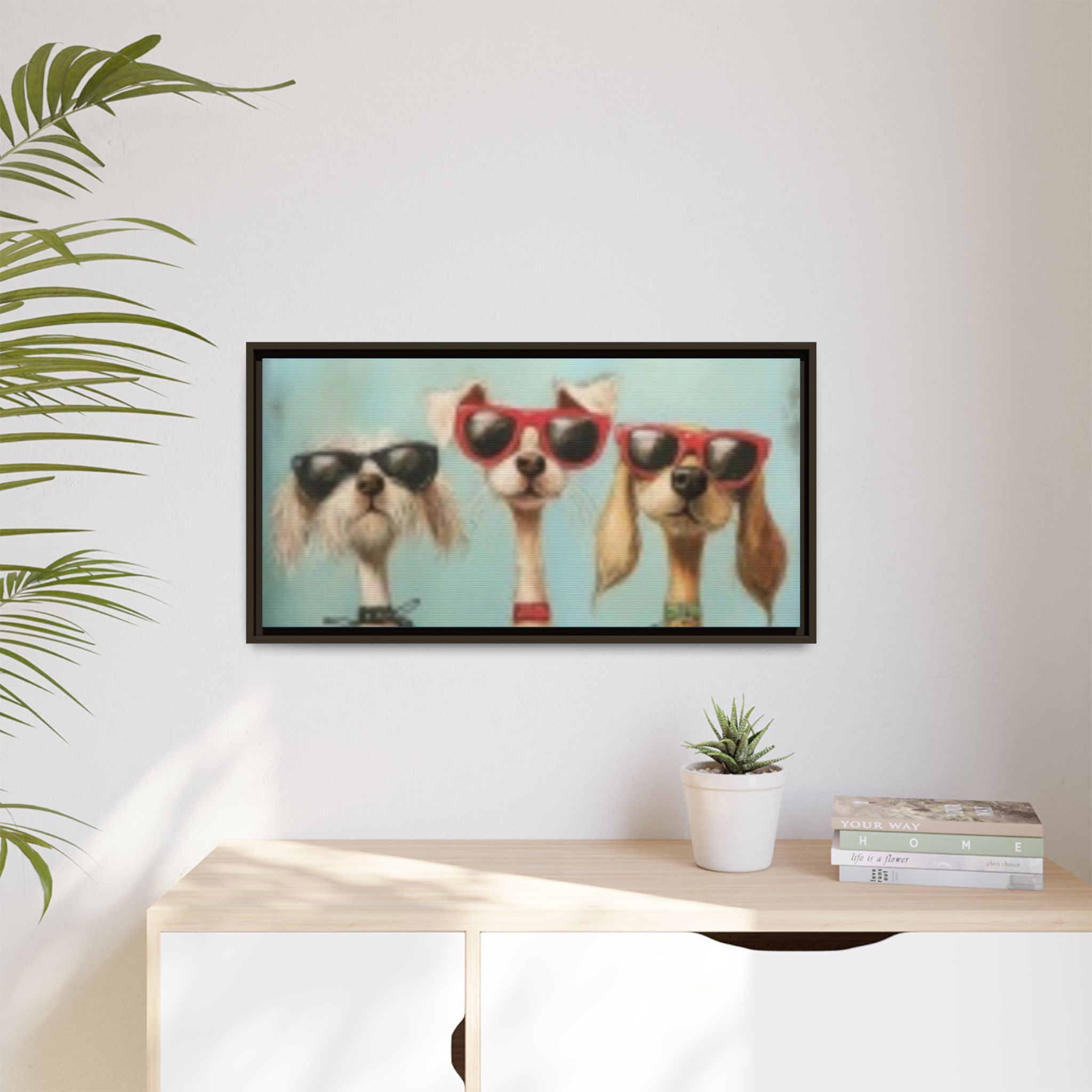 Framed Matte Canvas — Three Cool Dogs in Sunglasses Wall Art