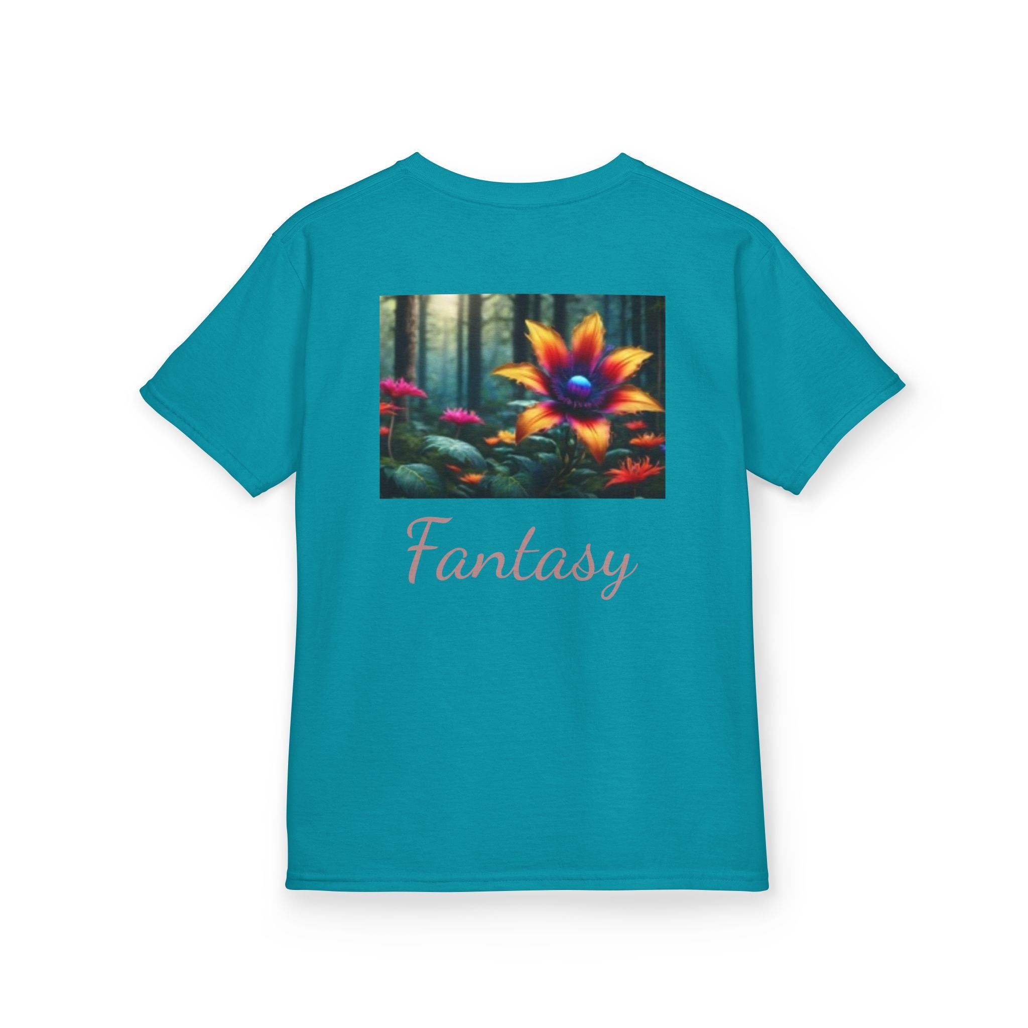 Kids Penguin & Fantasy Flower Fantasy T-shirt— Playful Animal & Colorful Floral Kids Shirt