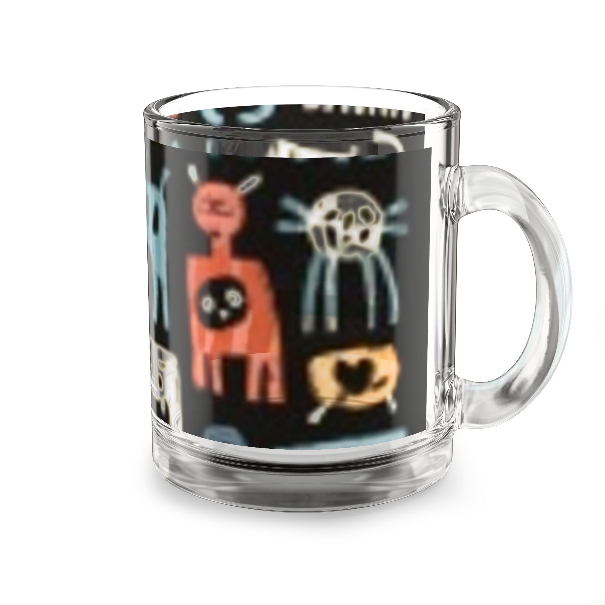 10oz Glass Mug — Whimsical Cat Doodle Pattern, Cute Colorful Kitty Coffee Cup