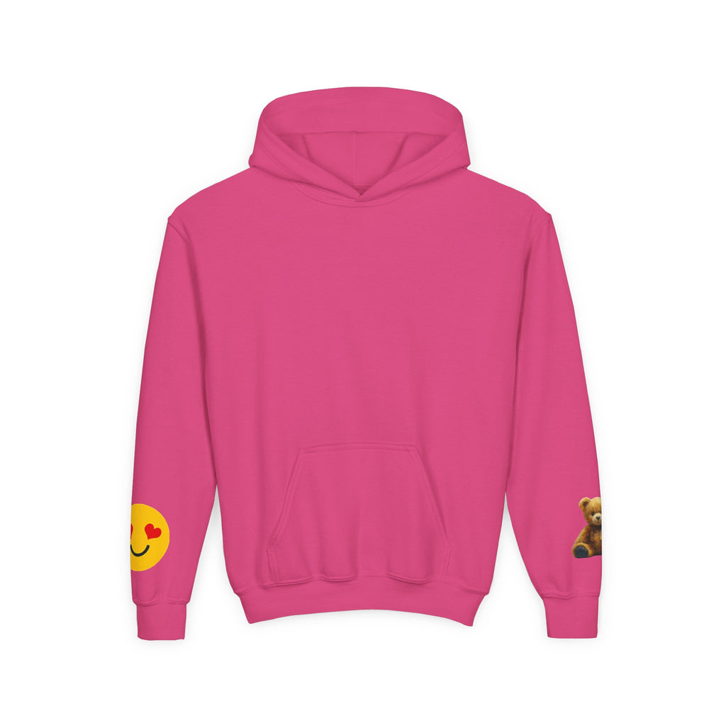Youth Hoodie with Teddy Bear & Heart-Eyes Emoji Sleeve Accents