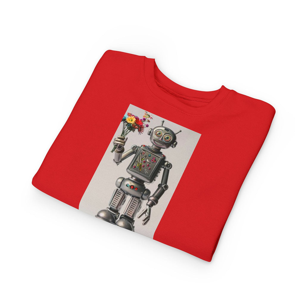 Retro Robot Toddler Sweatshirt — Cute Robot Holding Flowers Graphic