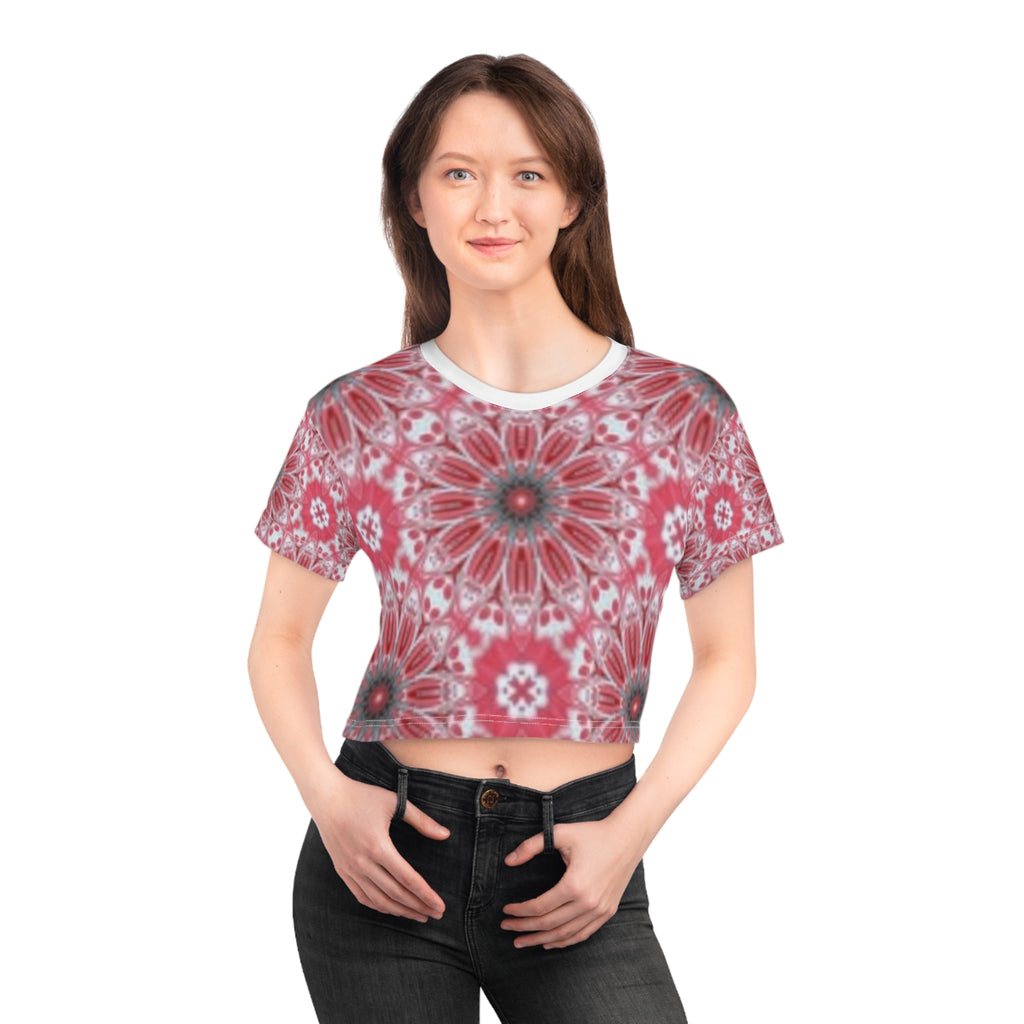 Floral Kaleidoscope Crop Tee — Red Mandala All-Over Print