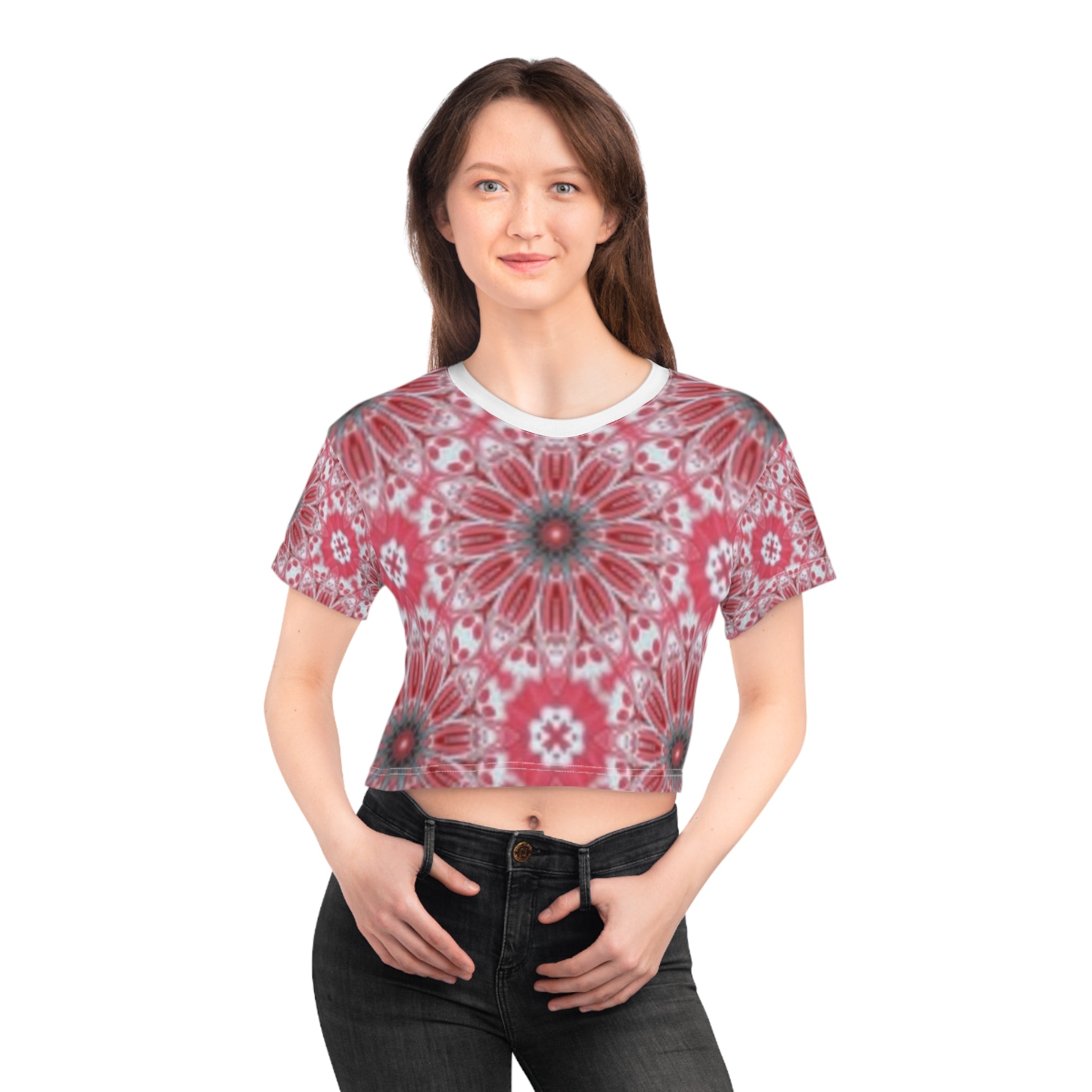 Floral Kaleidoscope Crop Tee — Red Mandala All-Over Print