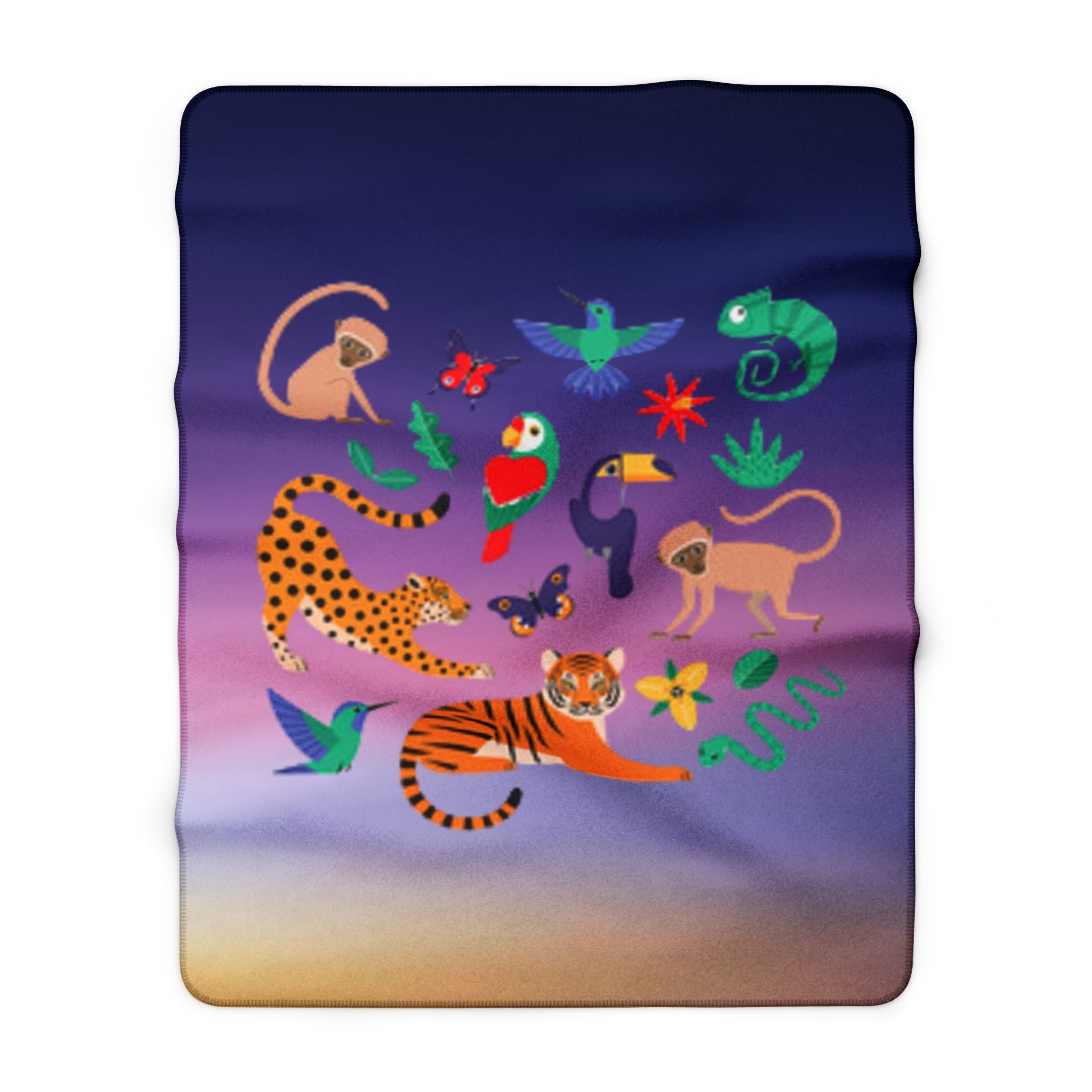 Tropical Jungle Sherpa Blanket — Colorful Exotic Animals on Gradient Background