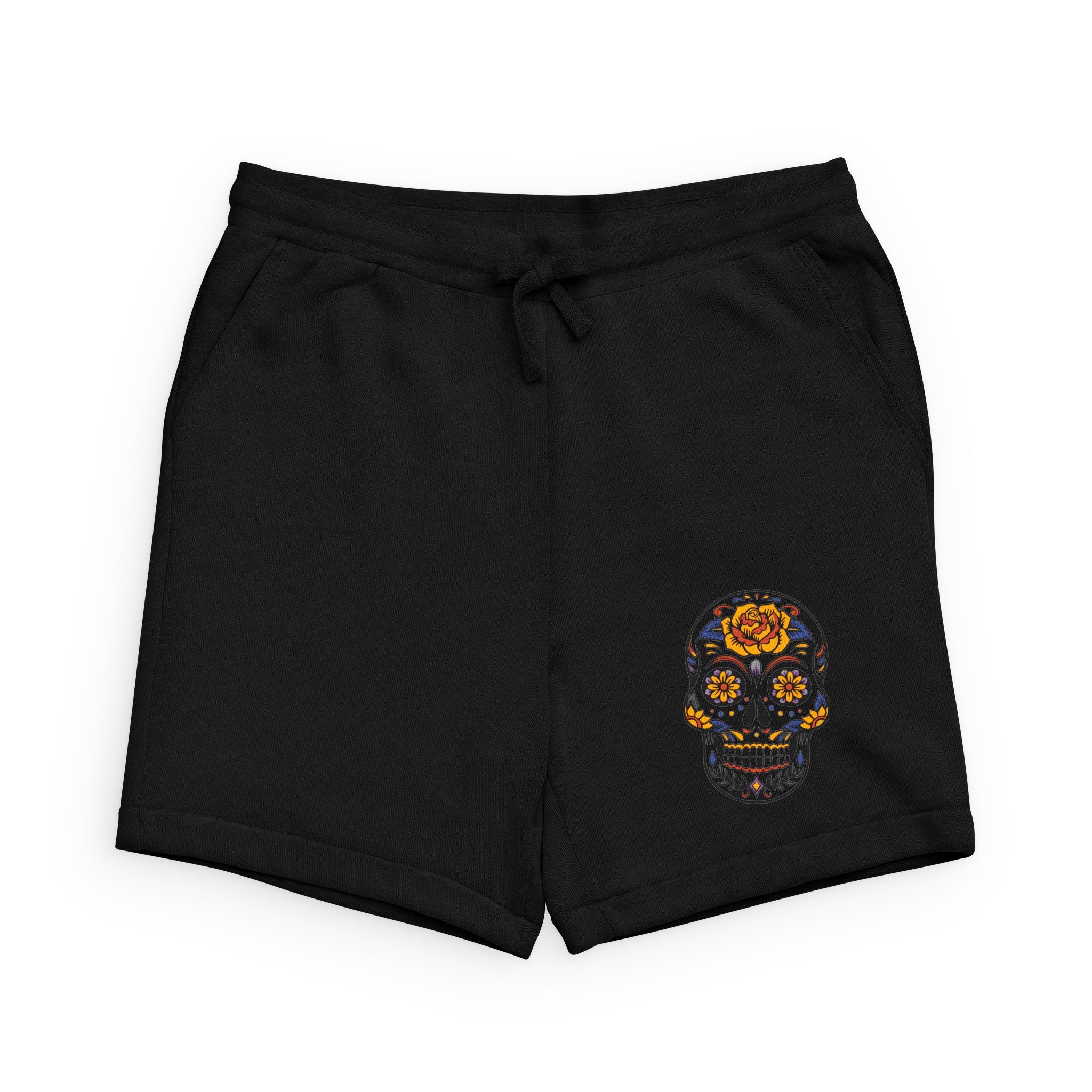 Day of the Dead Sugar Skull Sweatshorts — Floral Calavera Black Shorts