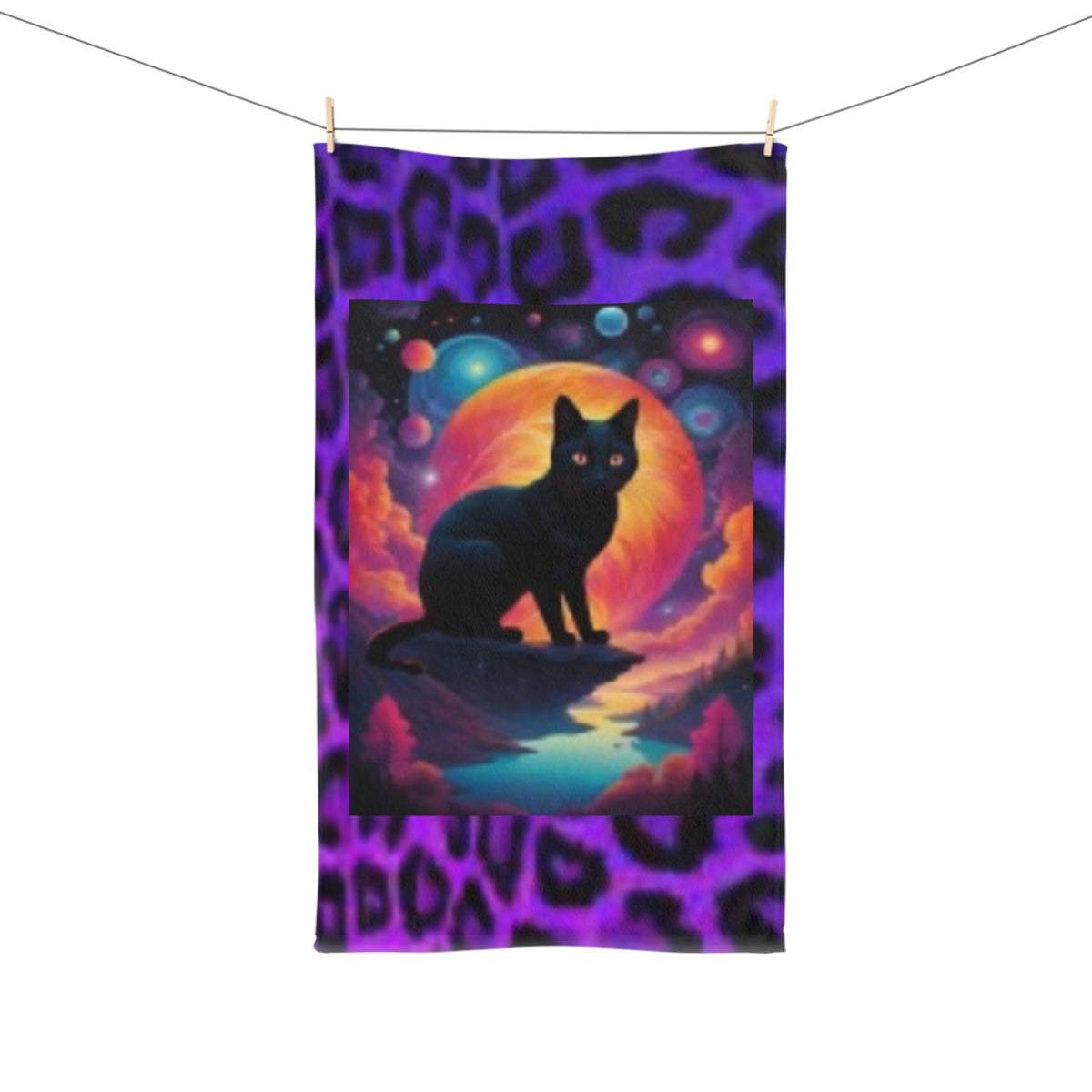 Mystic Black Cat Hand Towel — Purple Leopard Moonlight Design